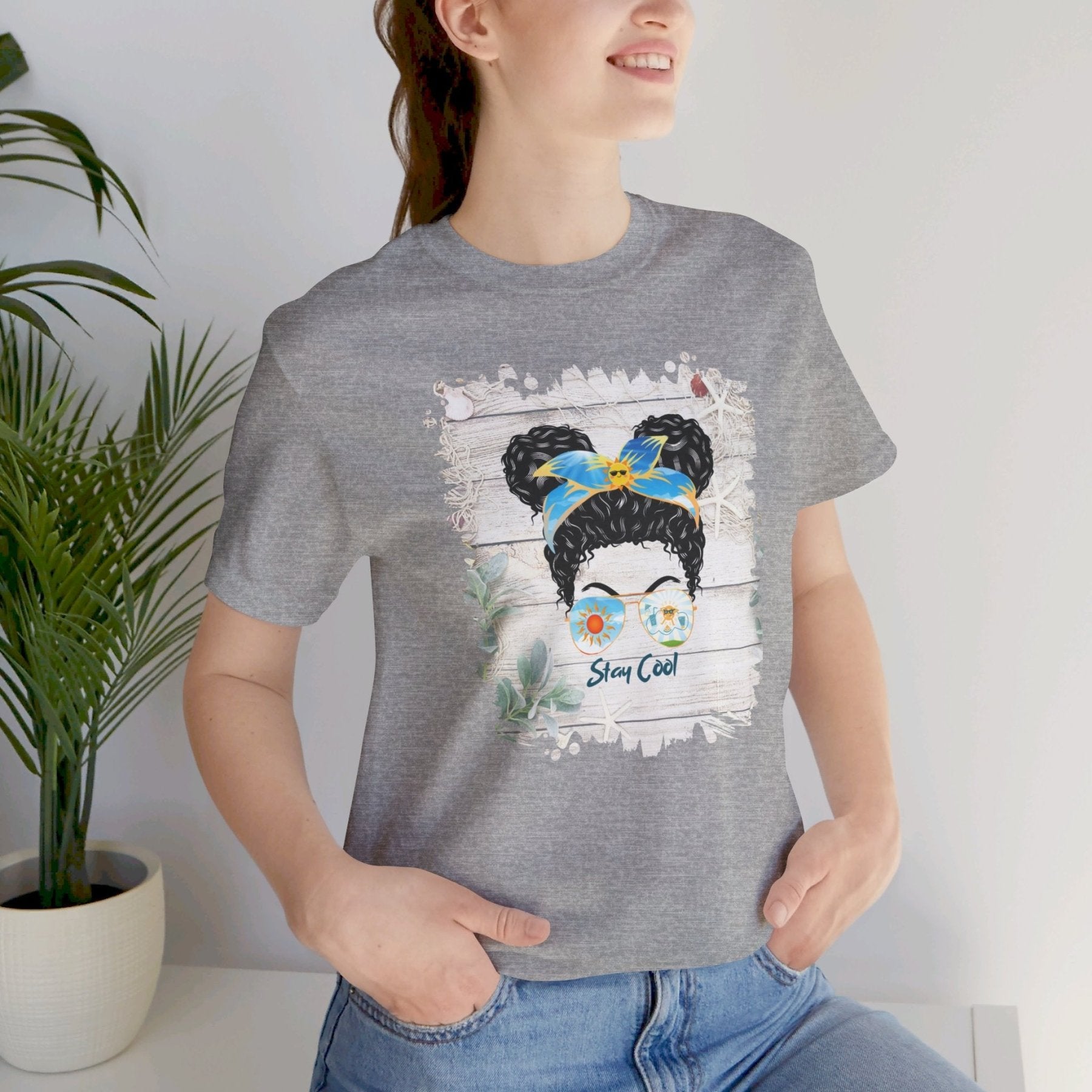 Stay Cool Whiteboard Sun, Black Hair Messy Bun, Unisex Jersey Short Sleeve Tee - Janlyn's Crafts