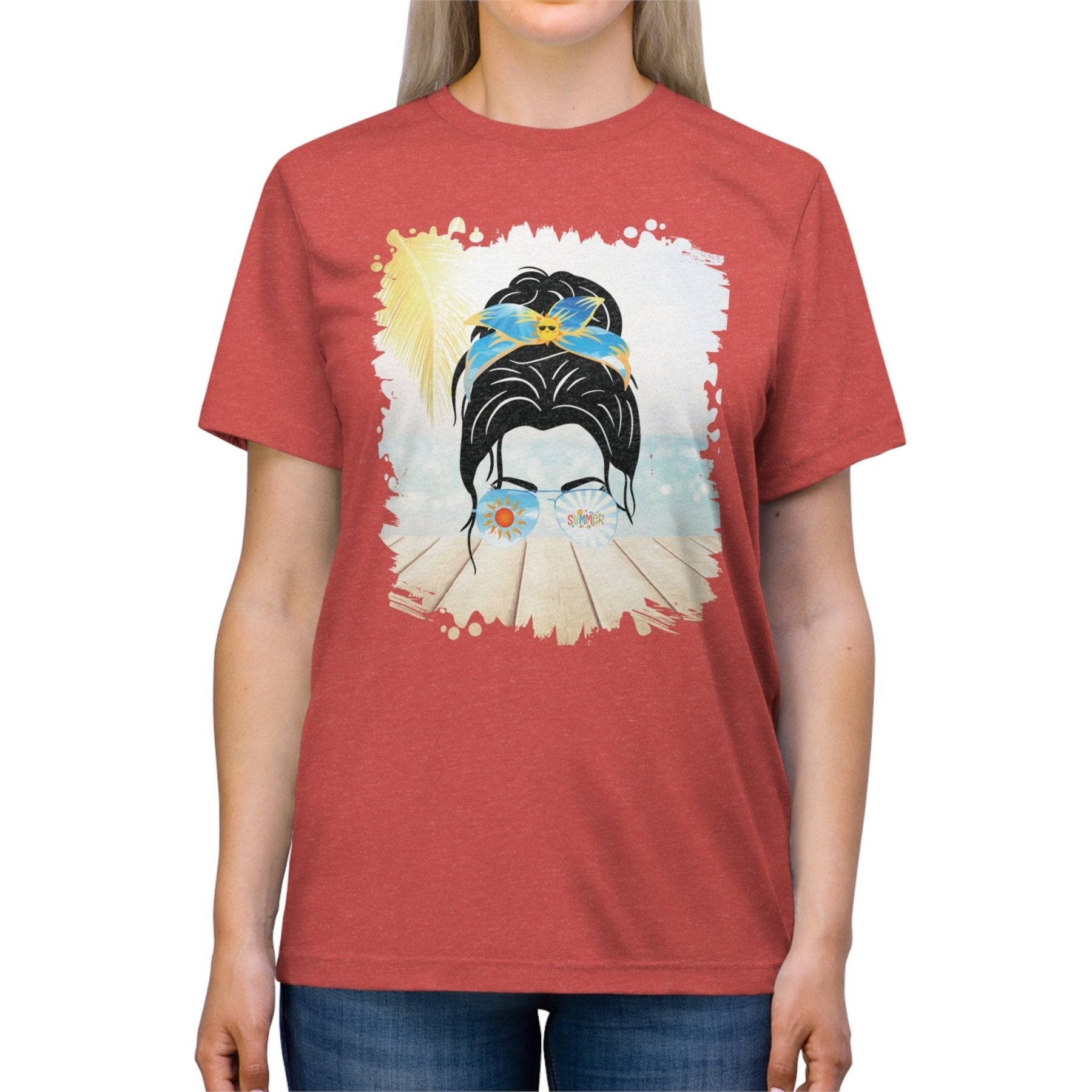 Summer, Dark Hair Messy Bun, Unisex Triblend T - Shirt - Janlyn's Crafts