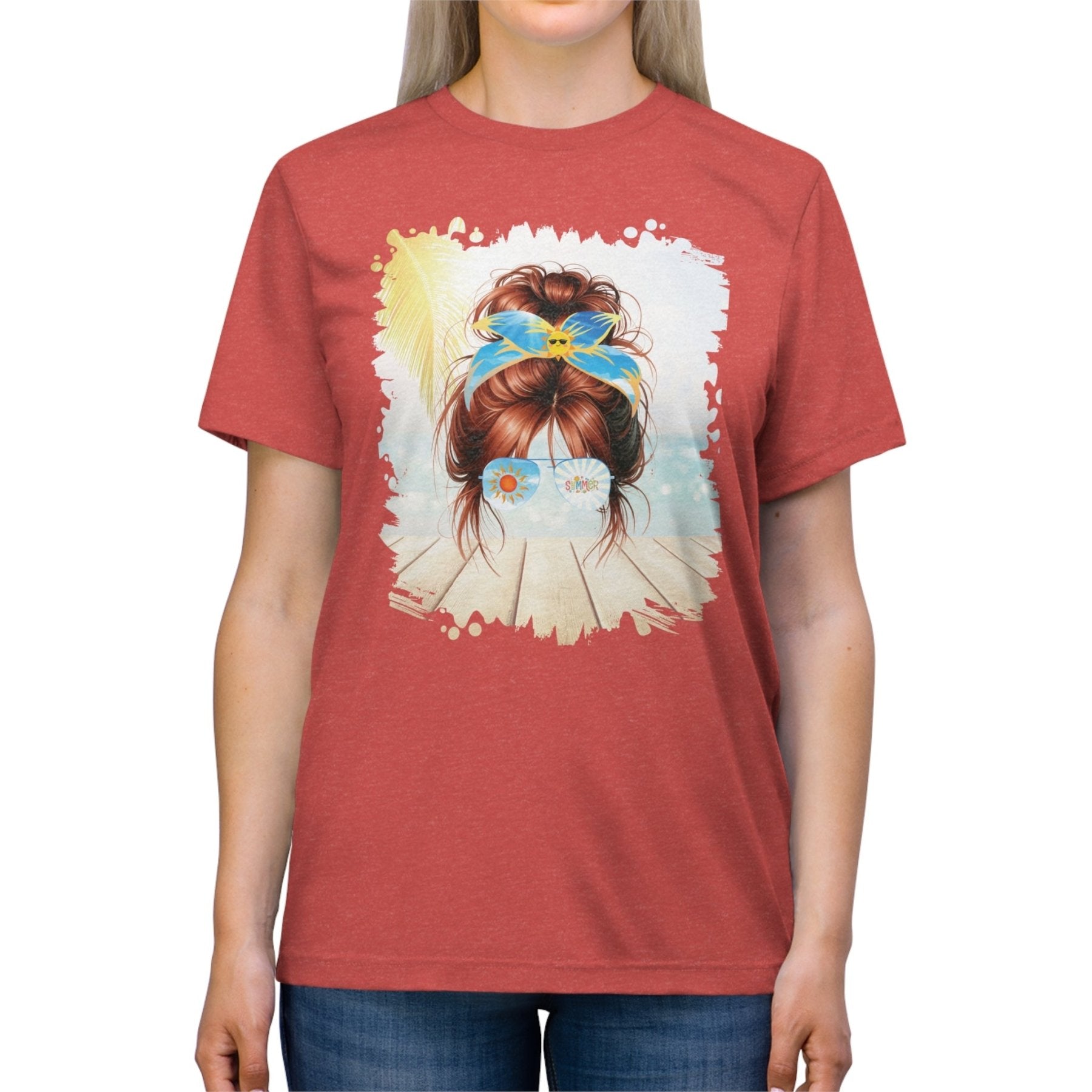 Summer, Red Hair Messy Bun, Unisex Triblend T - Shirt - Janlyn's Crafts