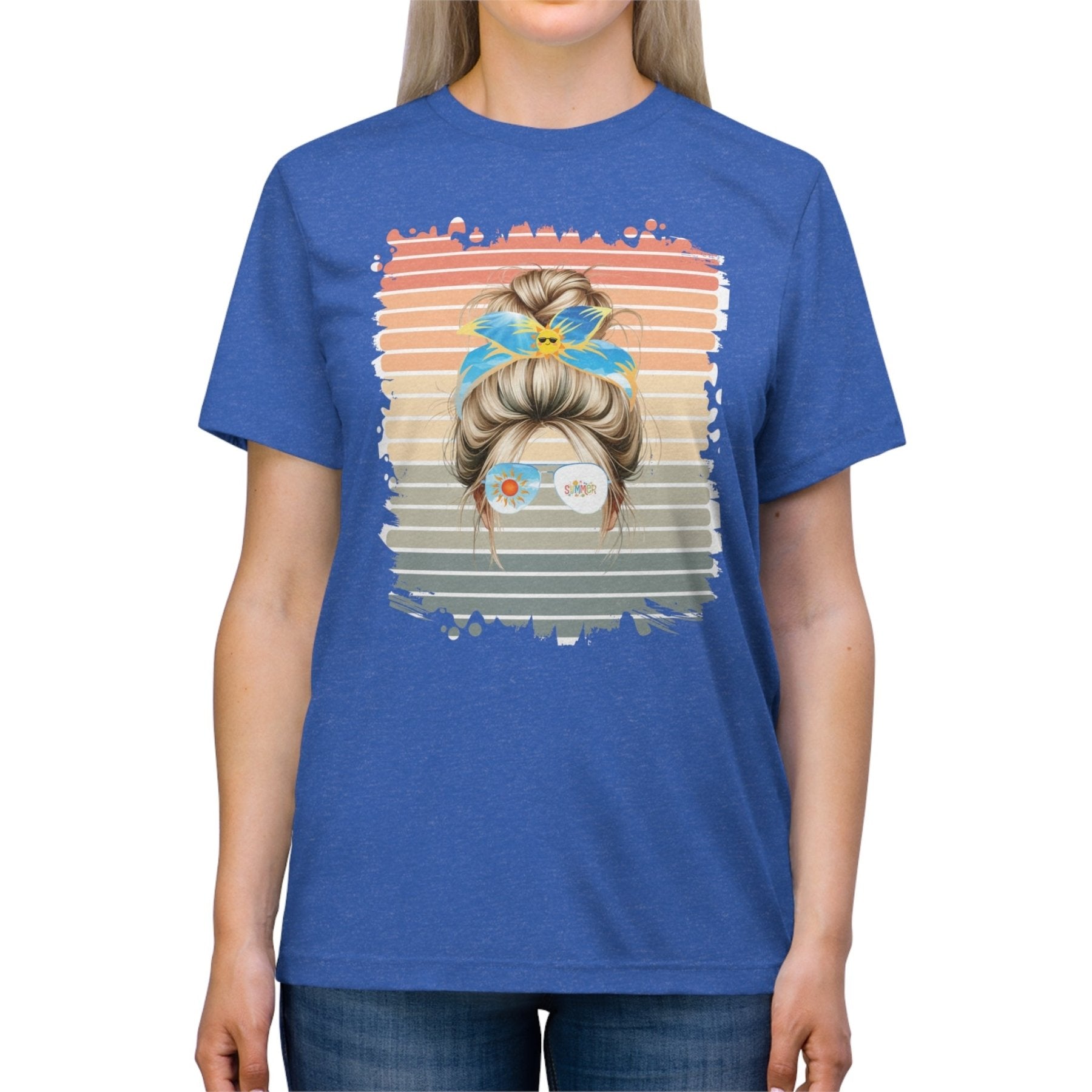 Summer Retro, Blond Hair Messy Bun, Unisex Triblend T - Shirt - Janlyn's Crafts