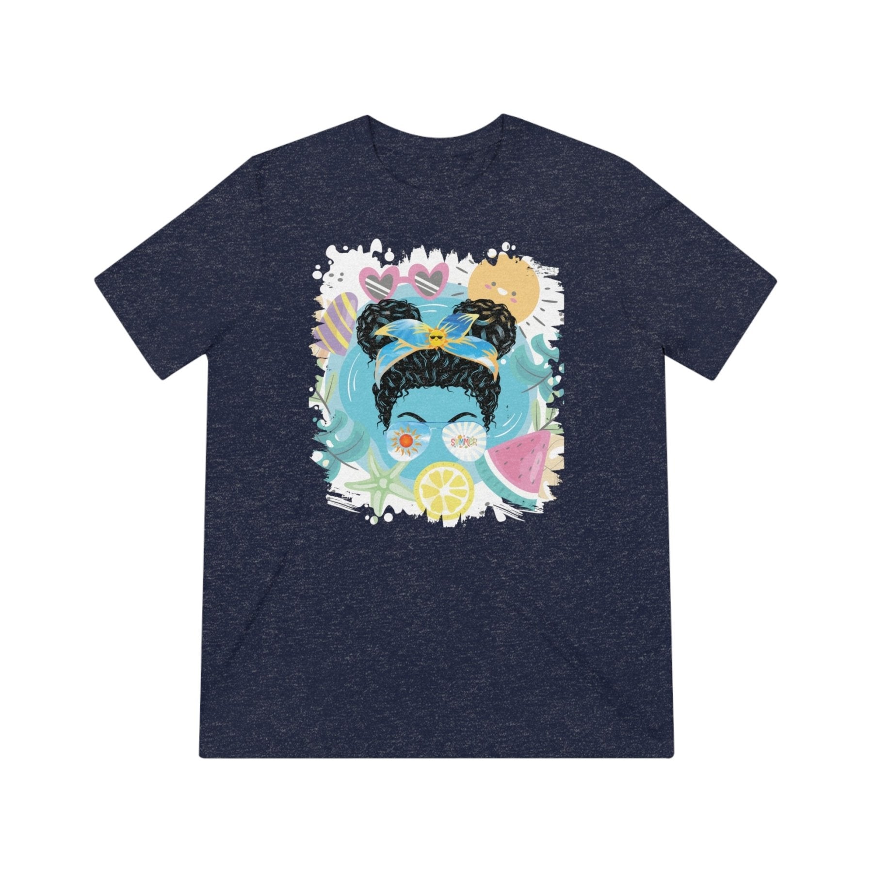 Summer Whimsical, Black Hair Messy Bun, Unisex Triblend T - Shirt - Janlyn's Crafts