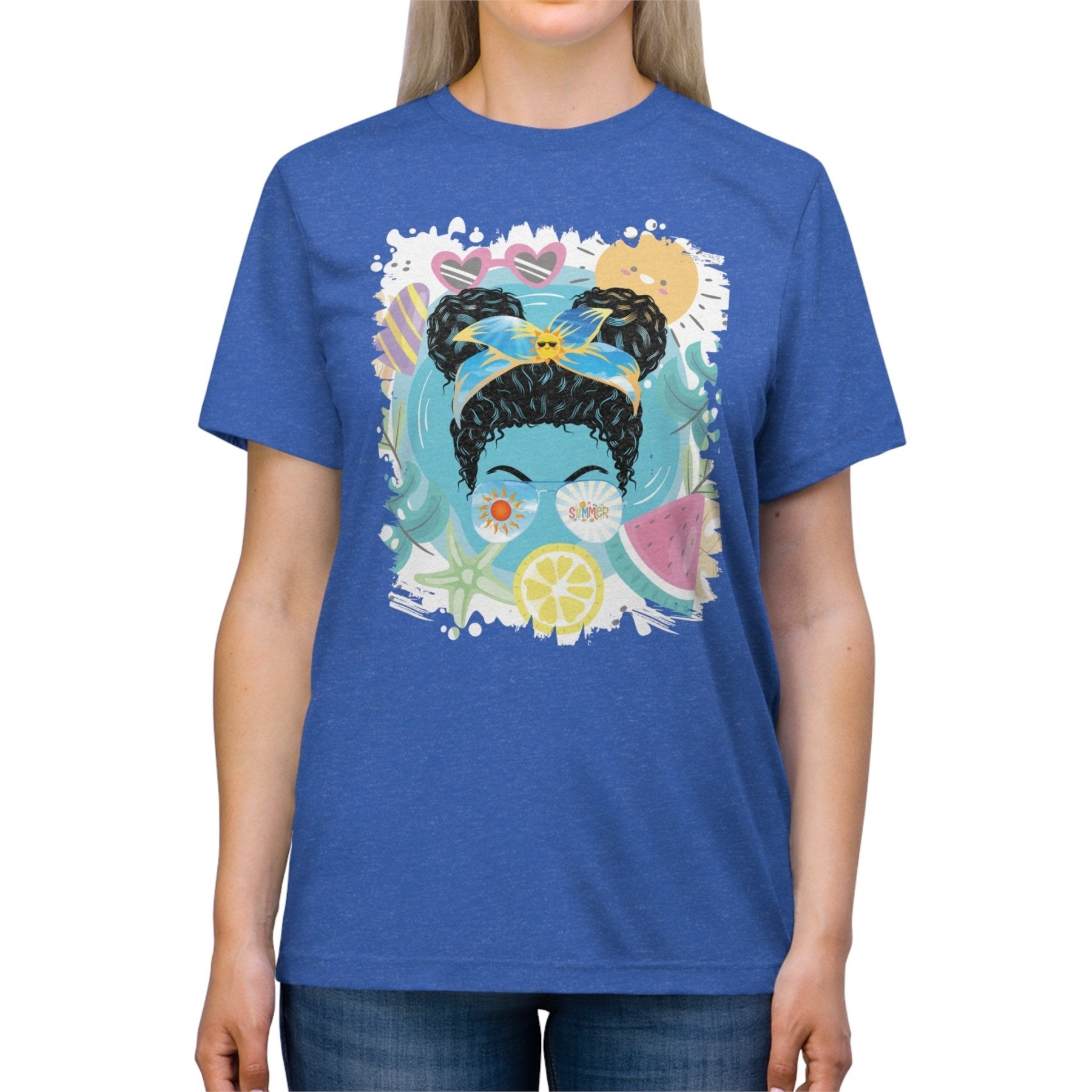 Summer Whimsical, Black Hair Messy Bun, Unisex Triblend T - Shirt - Janlyn's Crafts