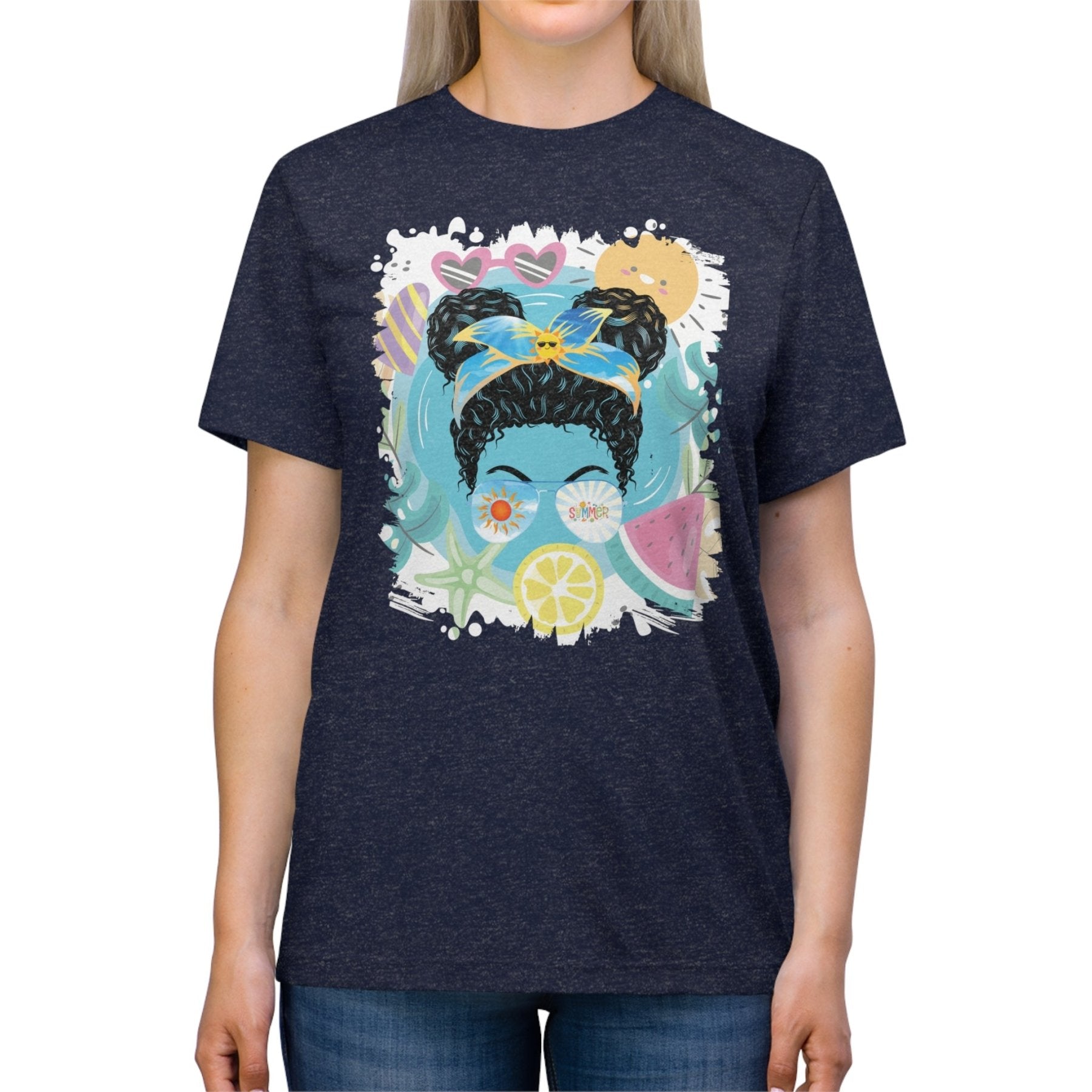 Summer Whimsical, Black Hair Messy Bun, Unisex Triblend T - Shirt - Janlyn's Crafts