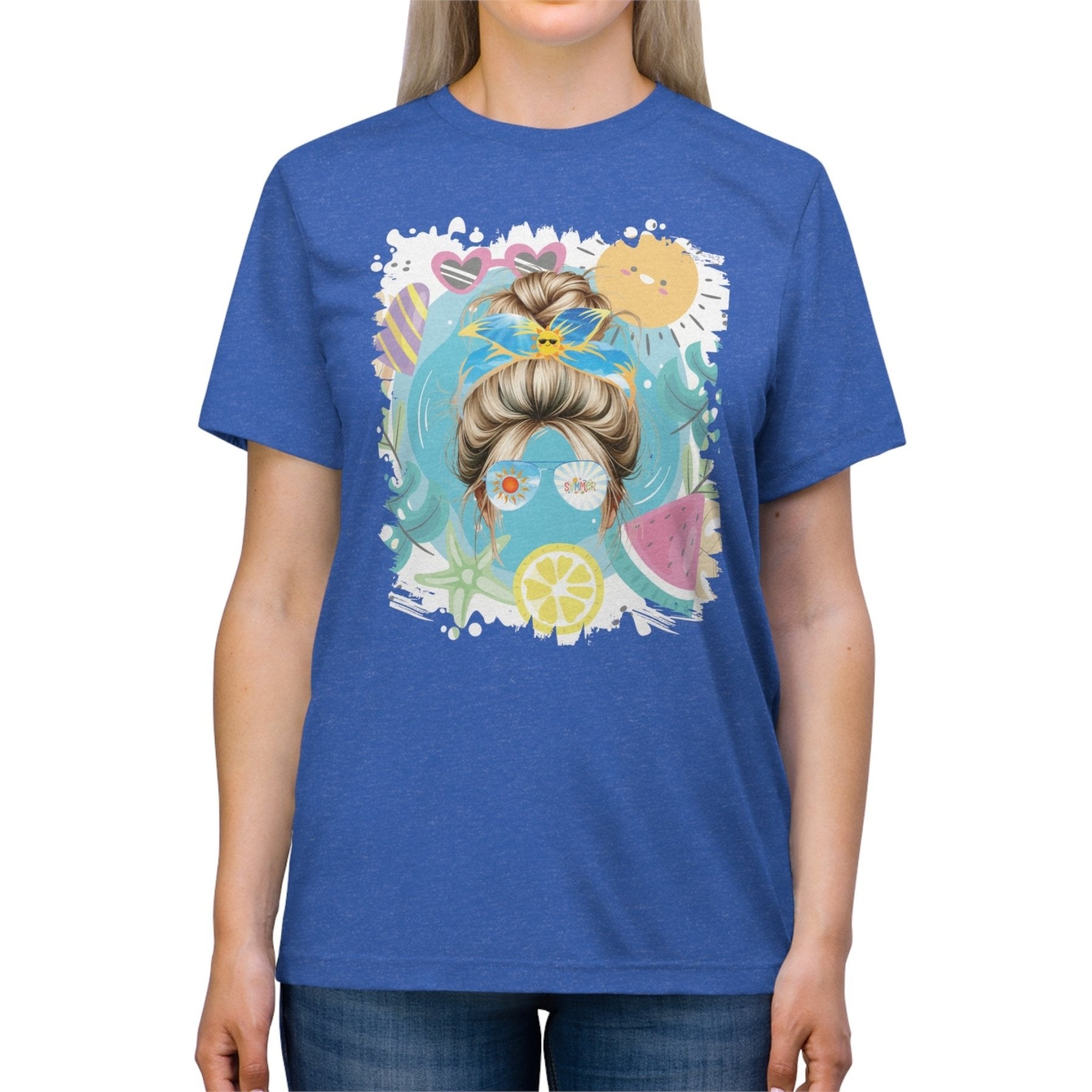 Summer Whimsical, Blond Hair Messy Bun, Unisex Triblend T - Shirt - Janlyn's Crafts