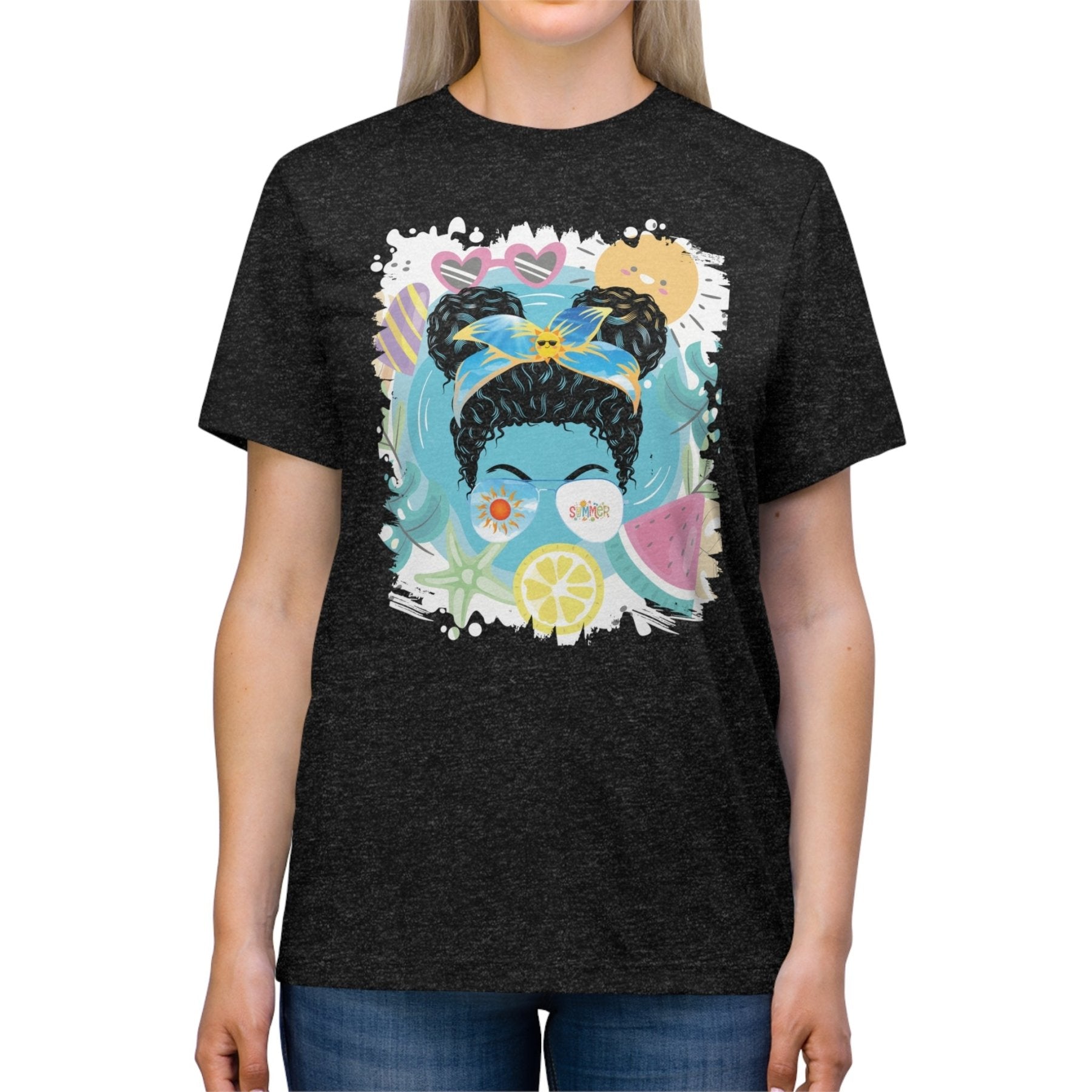 Summer Whimsical, Dark Hair Messy Bun, Unisex Triblend T - Shirt - Janlyn's Crafts