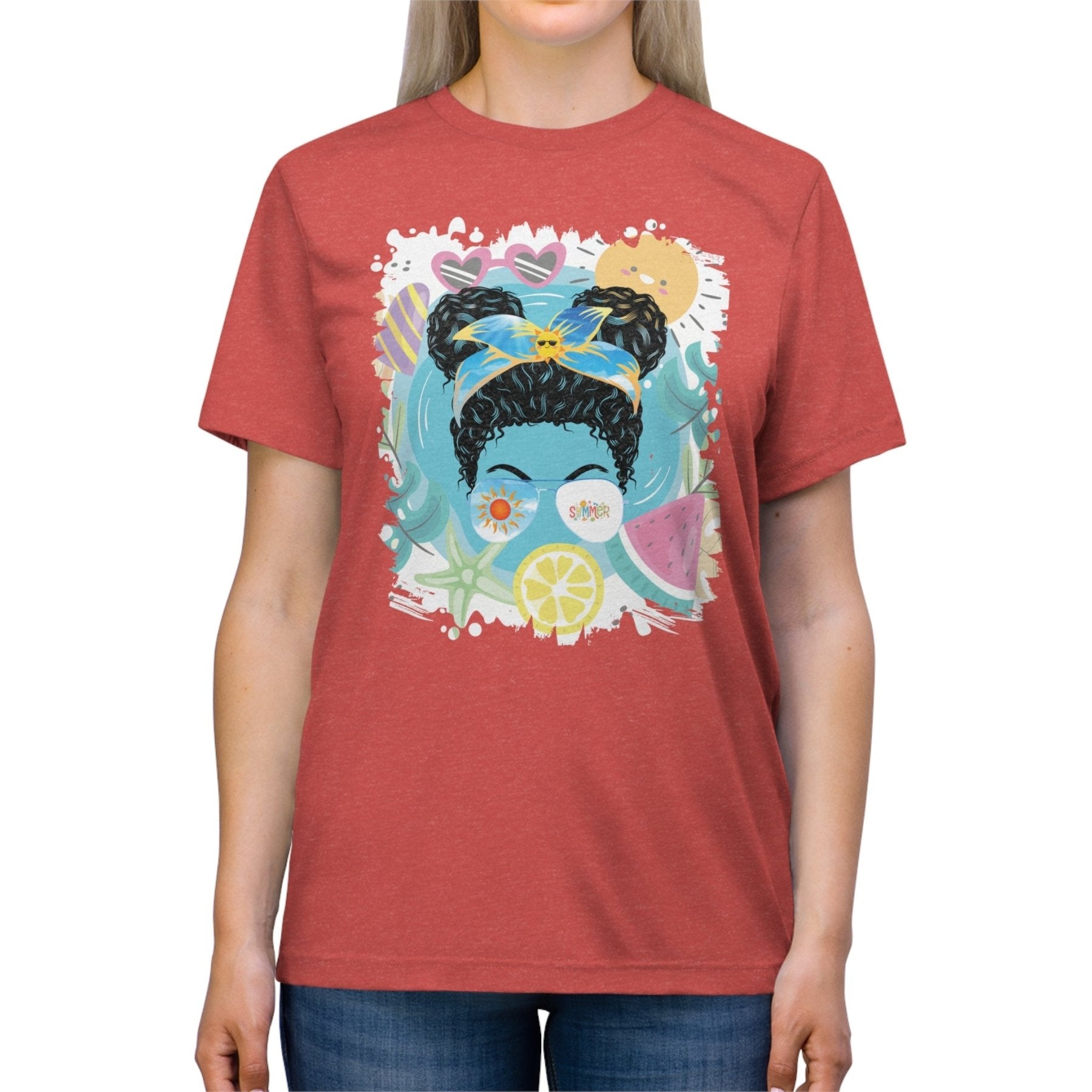 Summer Whimsical, Dark Hair Messy Bun, Unisex Triblend T - Shirt - Janlyn's Crafts