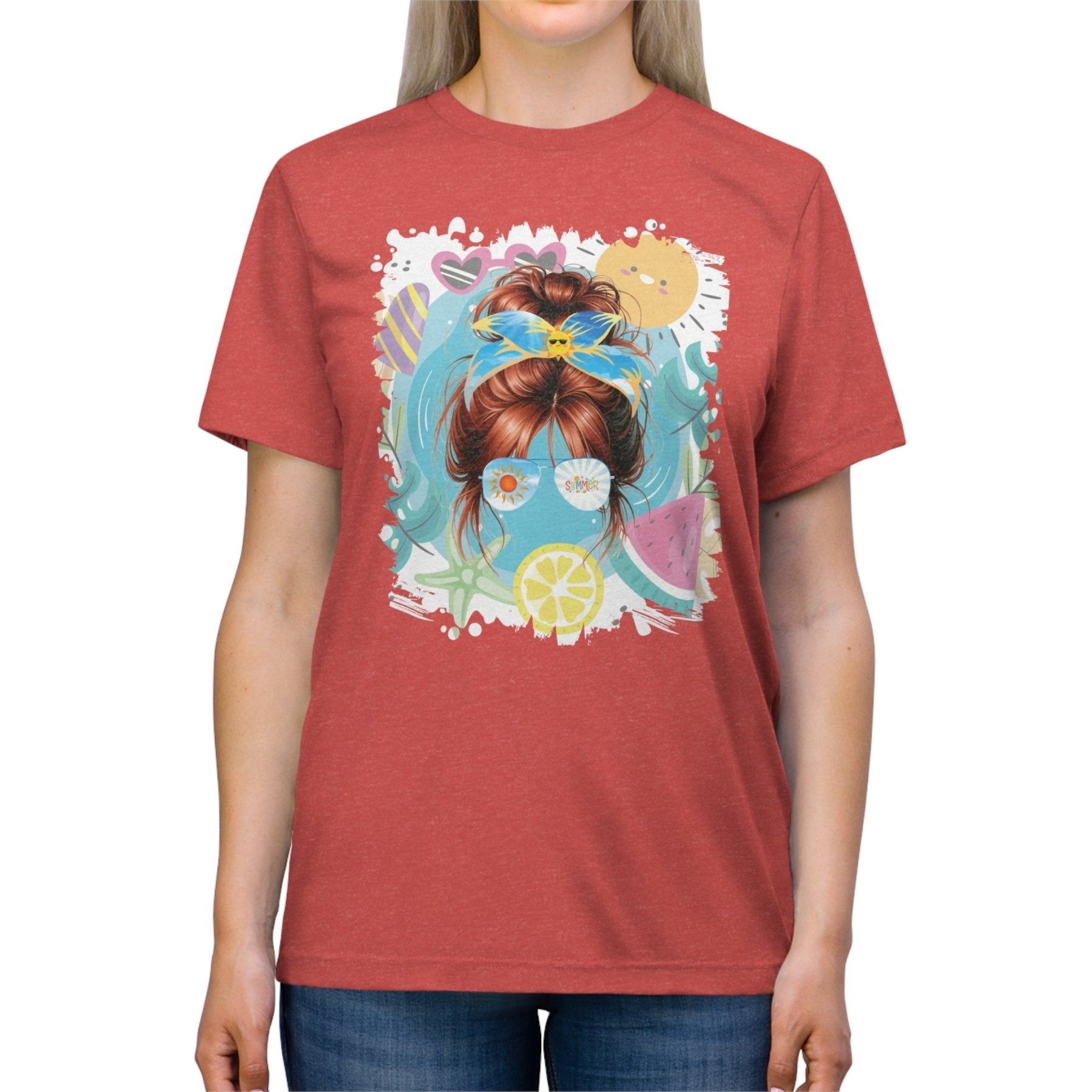 Summer Whimsical, Red Hair Messy Bun, Unisex Triblend T - Shirt - Janlyn's Crafts