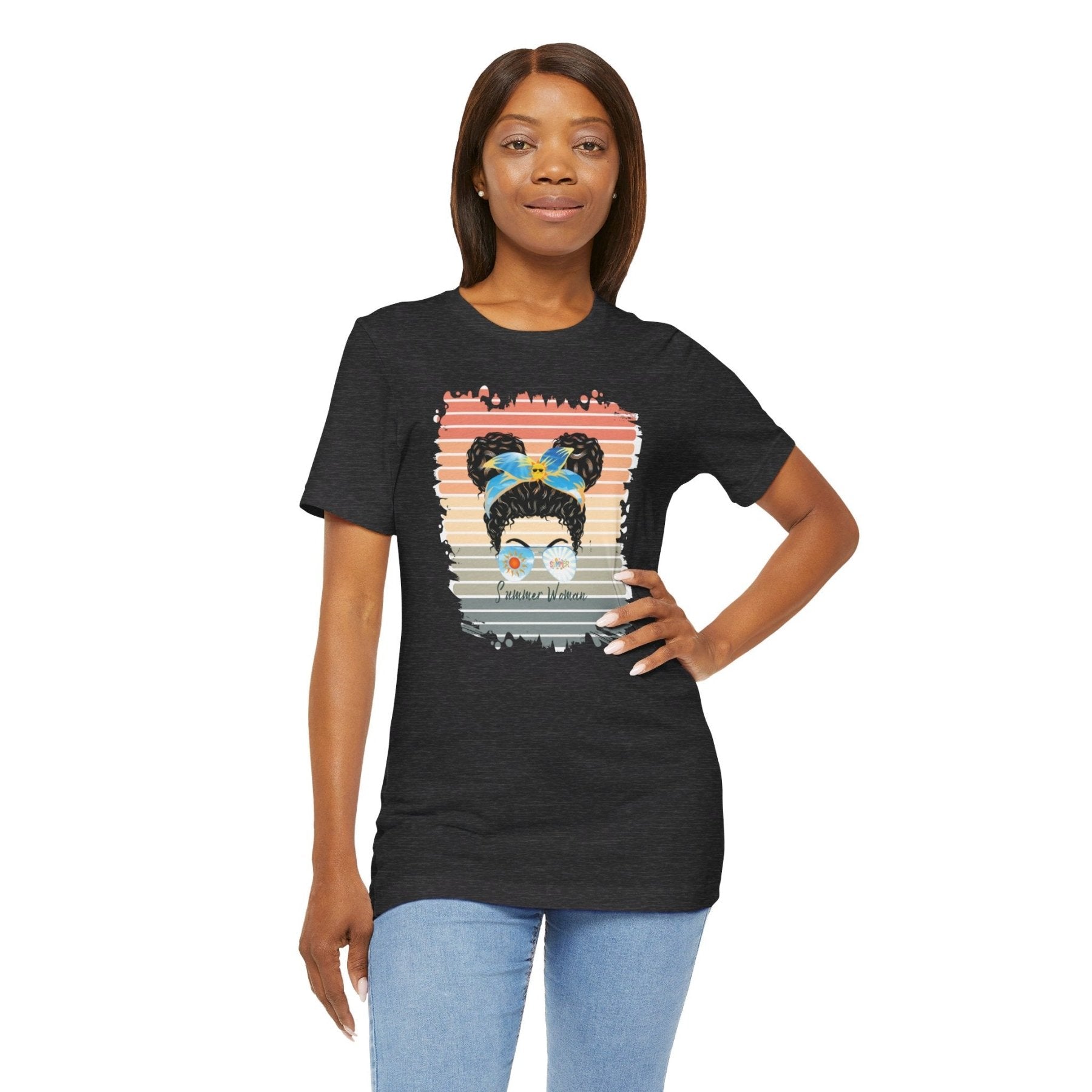 Summer Woman Retro Summer, Black Hair Messy Bun, Unisex Jersey Short Sleeve Tee - Janlyn's Crafts