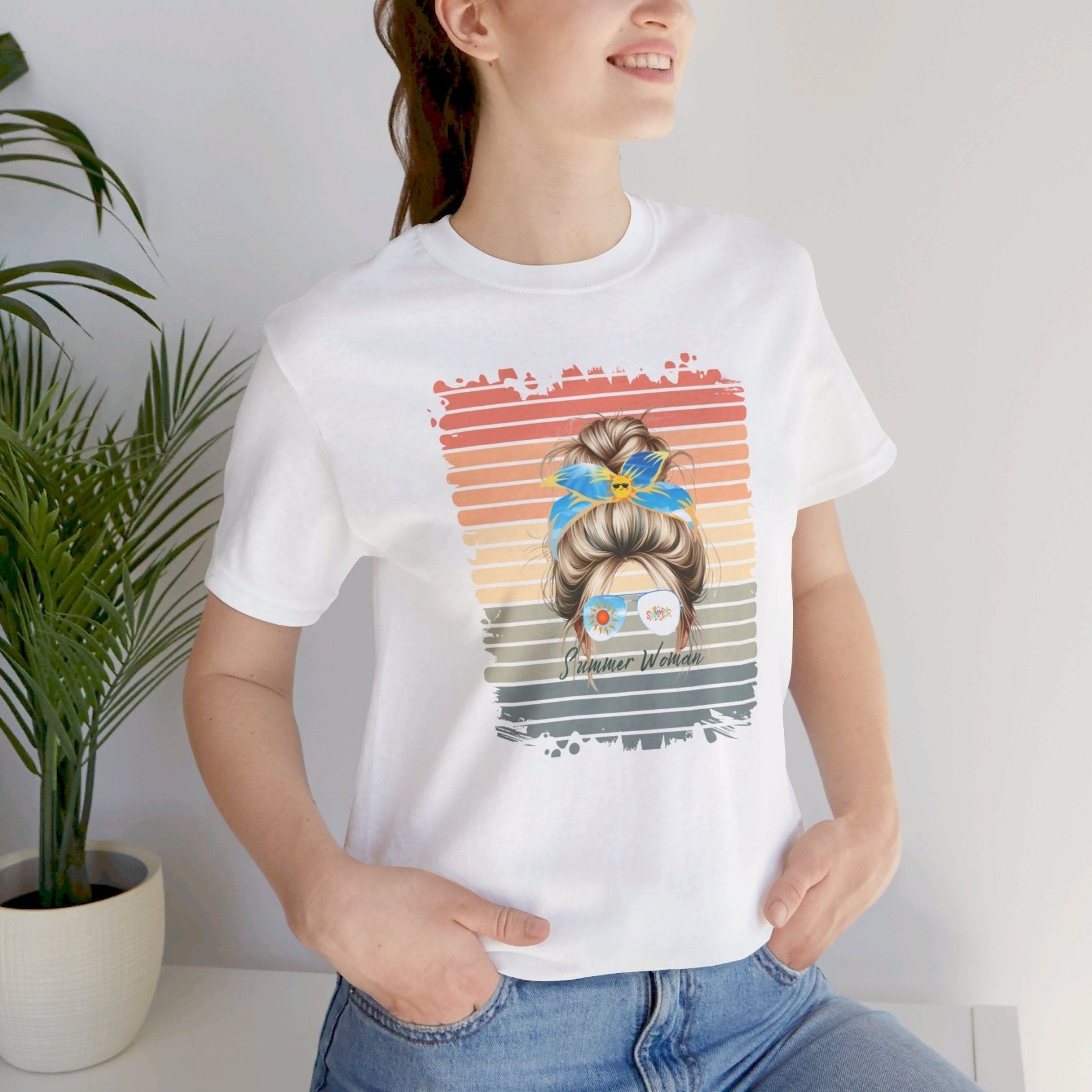 Summer Woman Retro Summer, Blond Hair Messy Bun, Unisex Jersey Short Sleeve Tee - Janlyn's Crafts