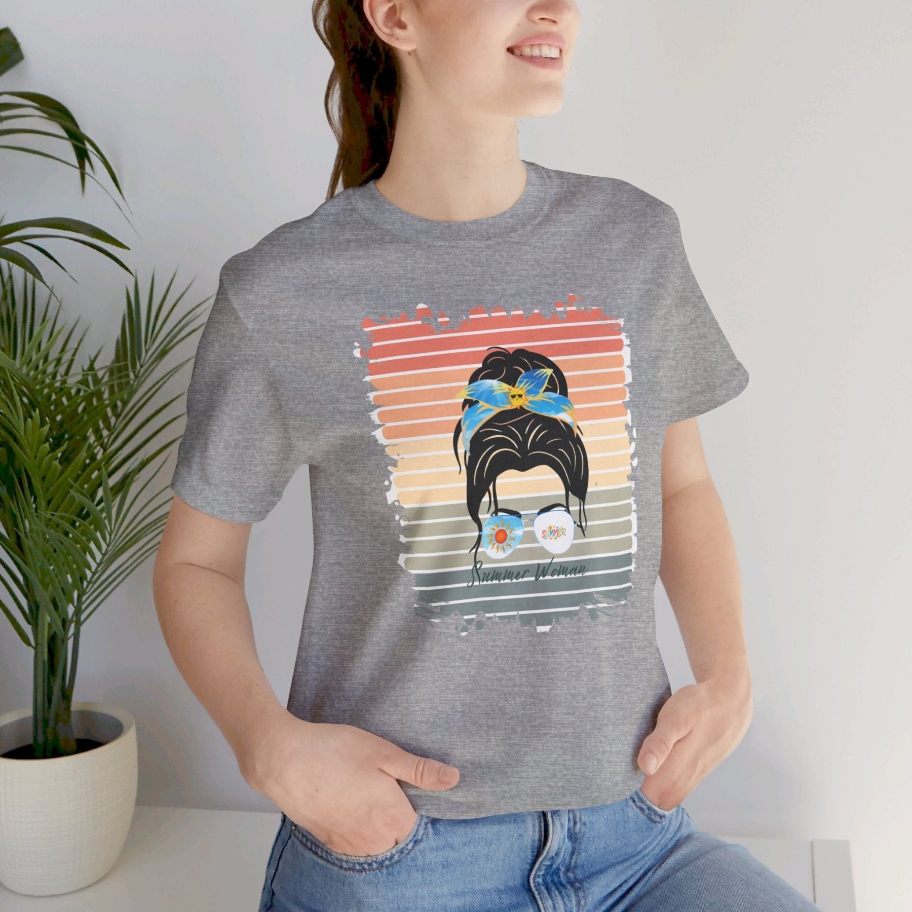 Summer Woman Retro Summer, Dark Hair Messy Bun, Unisex Jersey Short Sleeve Tee - Janlyn's Crafts