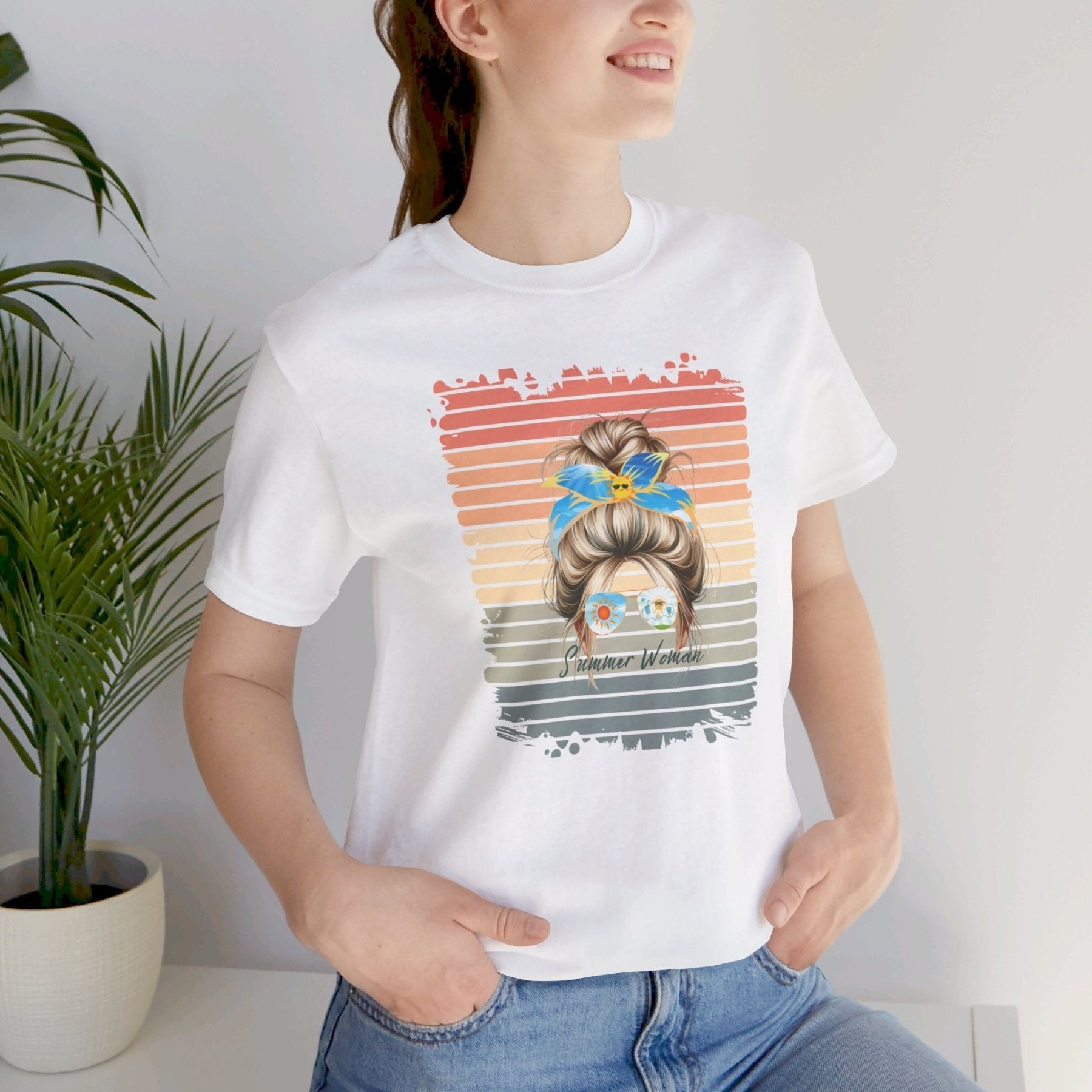 Summer Woman Retro Sun, Blond Hair Messy Bun, Unisex Jersey Short Sleeve Tee - Janlyn's Crafts