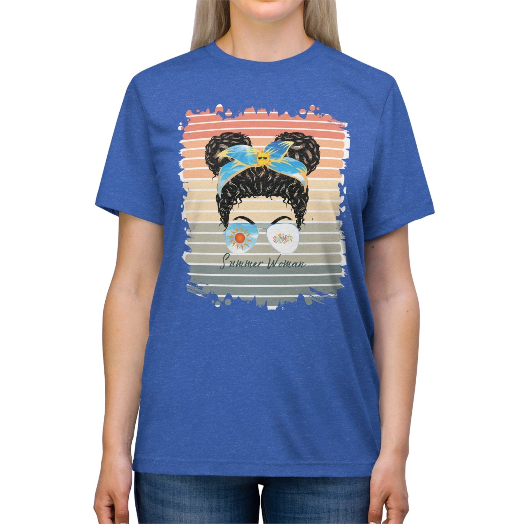 Summer Woman Summer Retro, Black Hair Messy Bun, Unisex Triblend T - Shirt - Janlyn's Crafts