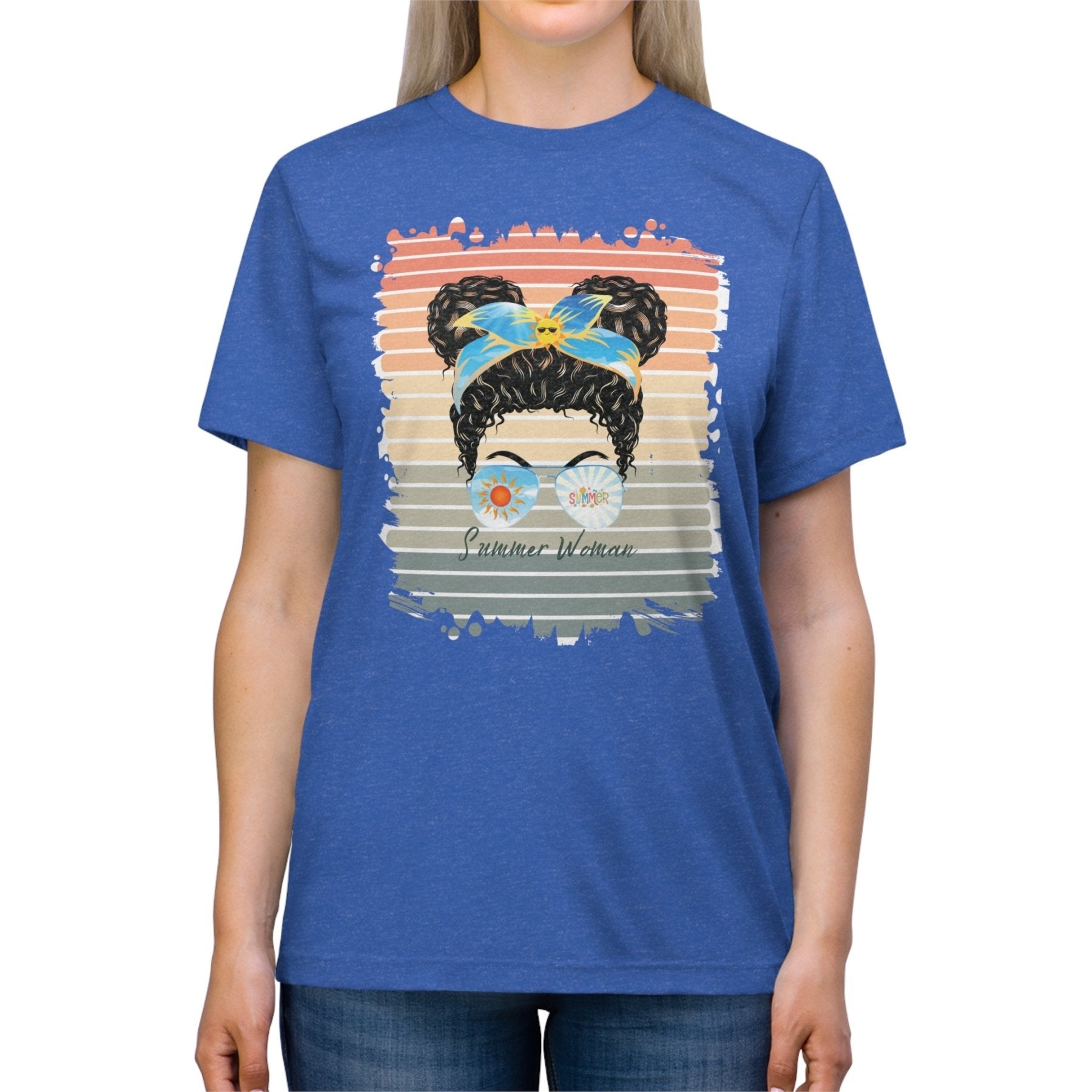 Summer Woman Summer Retro, Dark Hair Messy Bun, Unisex Triblend T - Shirt - Janlyn's Crafts