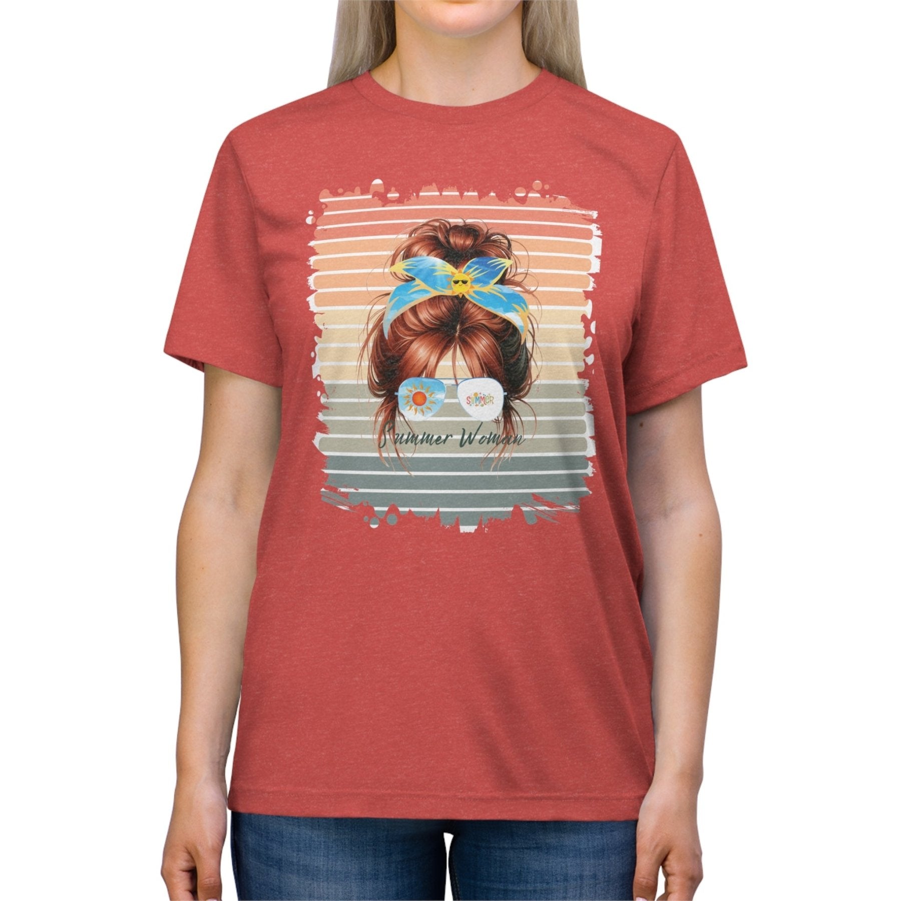 Summer Woman Summer Retro, Red Hair Messy Bun, Unisex Triblend T - Shirt - Janlyn's Crafts