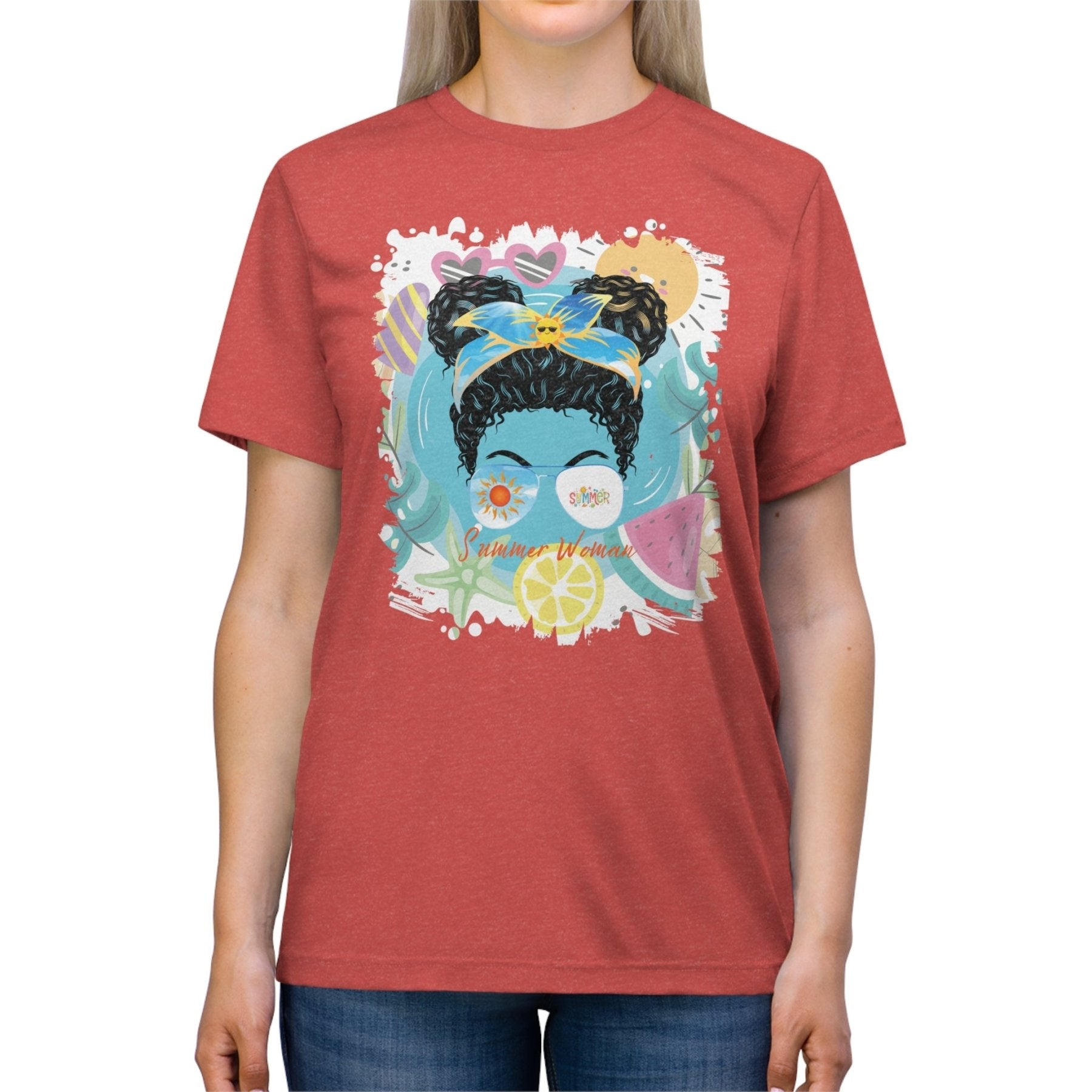 Summer Woman Summer Whimsical, Black Hair Messy Bun, Unisex Triblend T - Shirt - Janlyn's Crafts