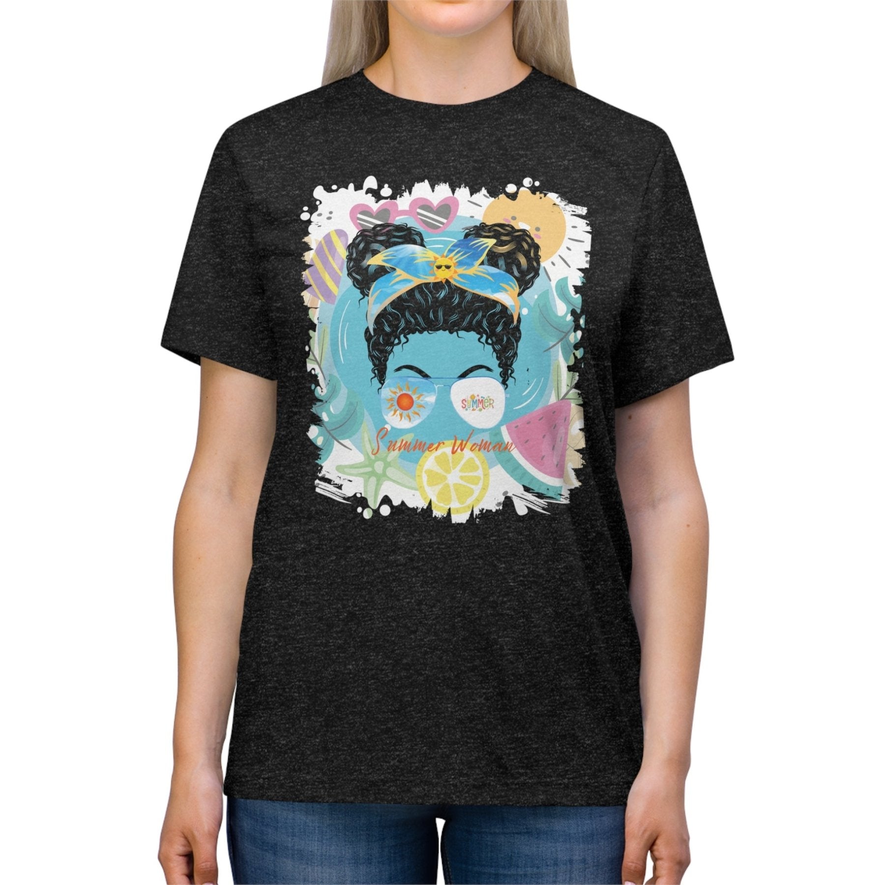 Summer Woman Summer Whimsical, Black Hair Messy Bun, Unisex Triblend T - Shirt - Janlyn's Crafts