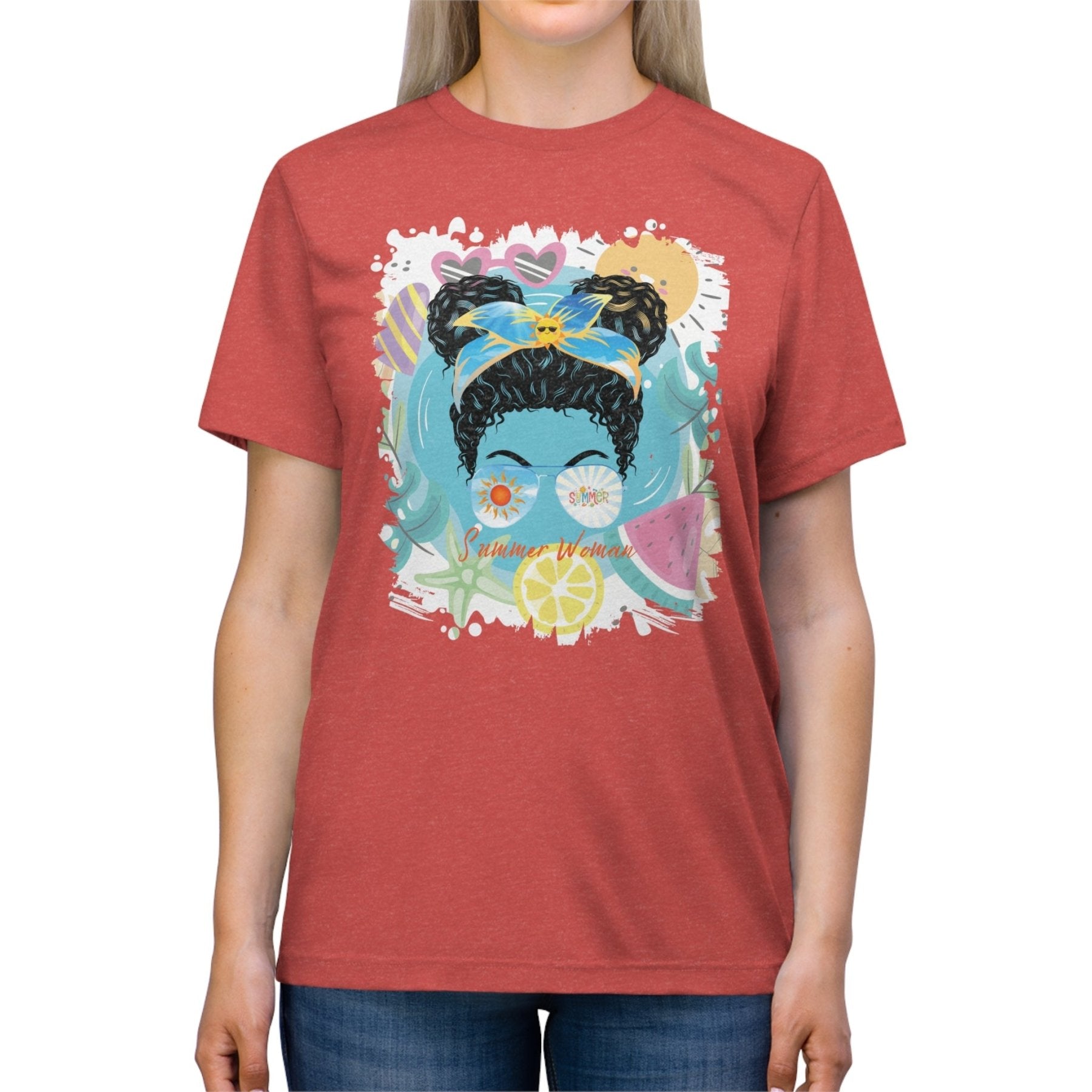 Summer Woman Summer Whimsical, Black Hair Messy Bun, Unisex Triblend T - Shirt - Janlyn's Crafts