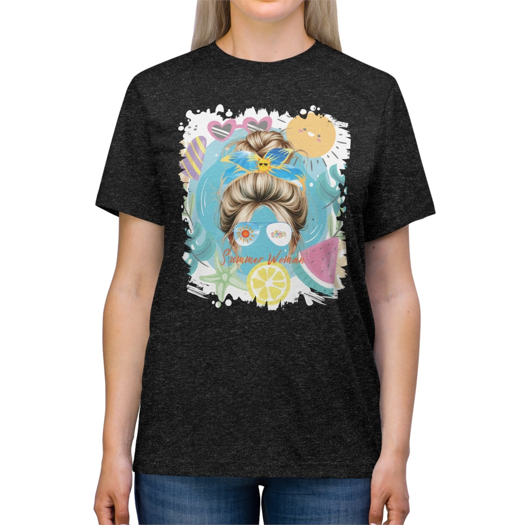 Summer Woman Summer Whimsical, Blond Hair Messy Bun, Unisex Triblend T - Shirt - Janlyn's Crafts