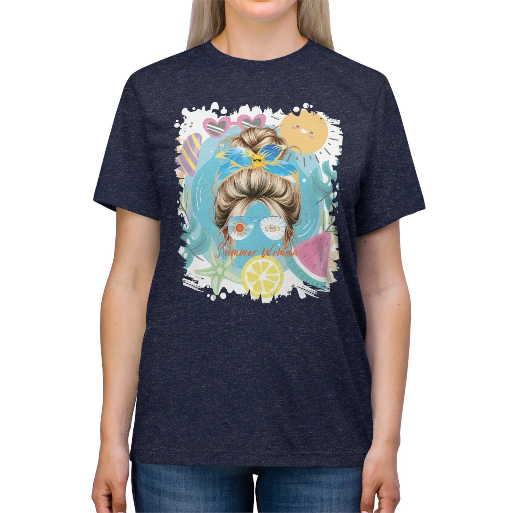 Summer Woman Summer Whimsical, Blond Hair Messy Bun, Unisex Triblend T - Shirt - Janlyn's Crafts