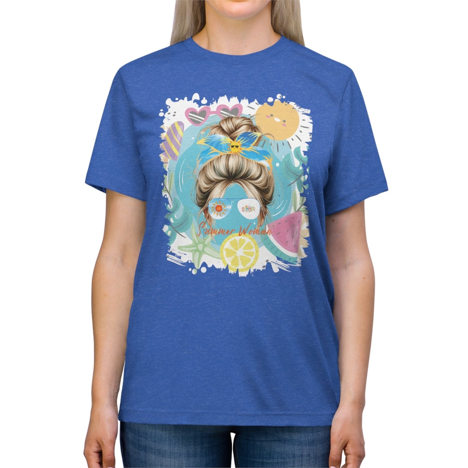 Summer Woman Summer Whimsical, Blond Hair Messy Bun, Unisex Triblend T - Shirt - Janlyn's Crafts