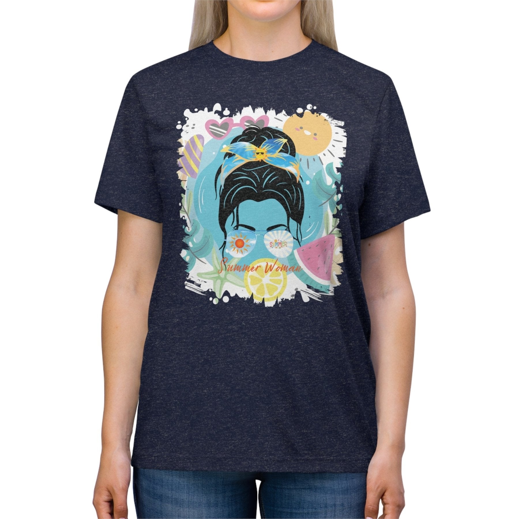 Summer Woman Summer Whimsical, Dark Hair Messy Bun, Unisex Triblend T - Shirt - Janlyn's Crafts