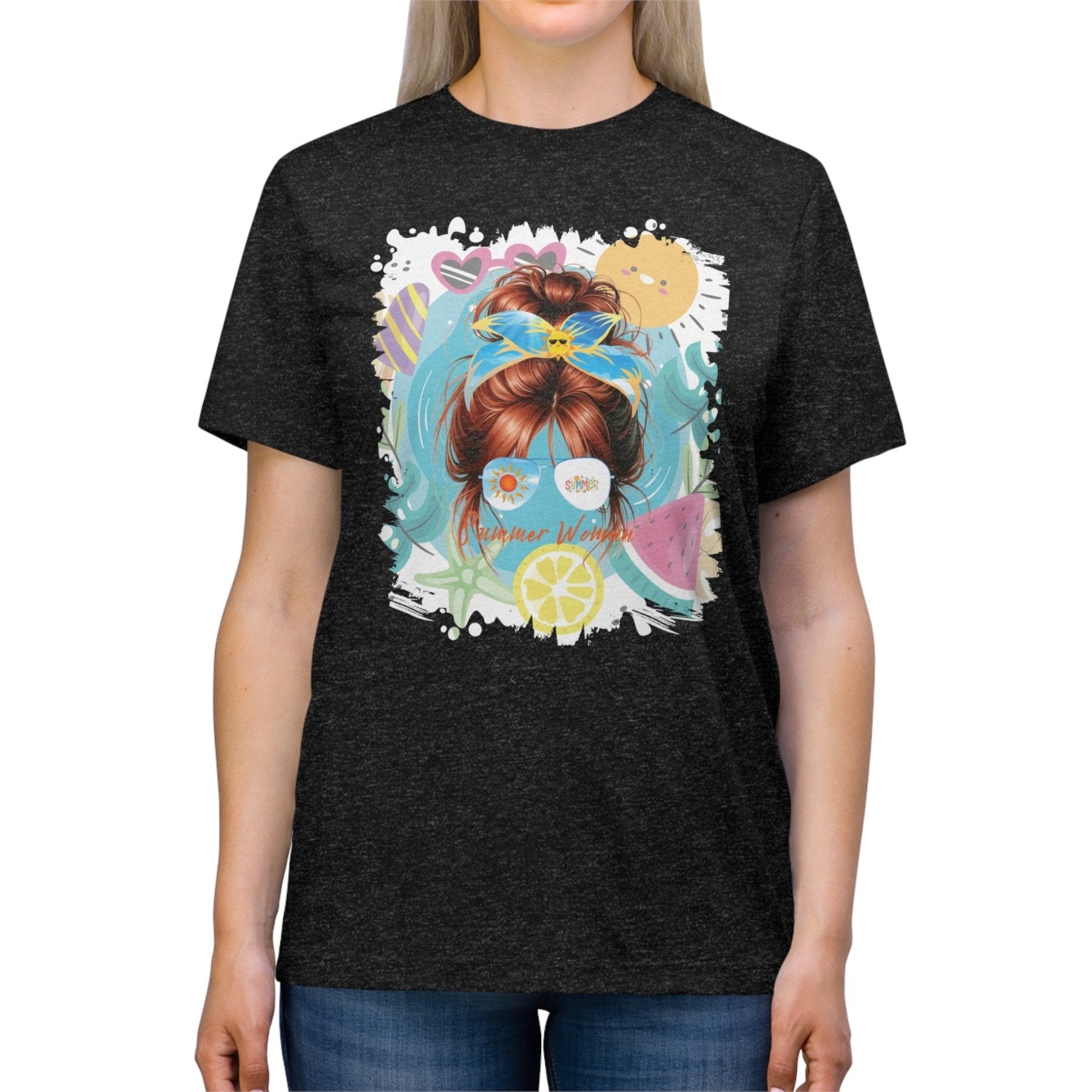 Summer Woman Summer Whimsical, Red Hair Messy Bun, Unisex Triblend T - Shirt - Janlyn's Crafts