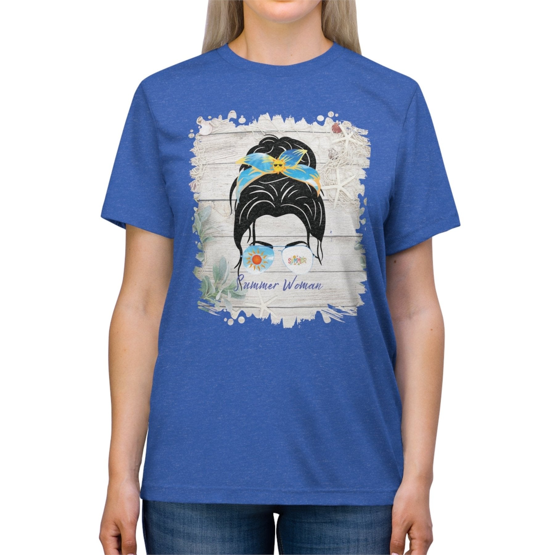 Summer Woman Summer Whiteboard, Dark Hair Messy Bun, Unisex Triblend T - Shirt - Janlyn's Crafts