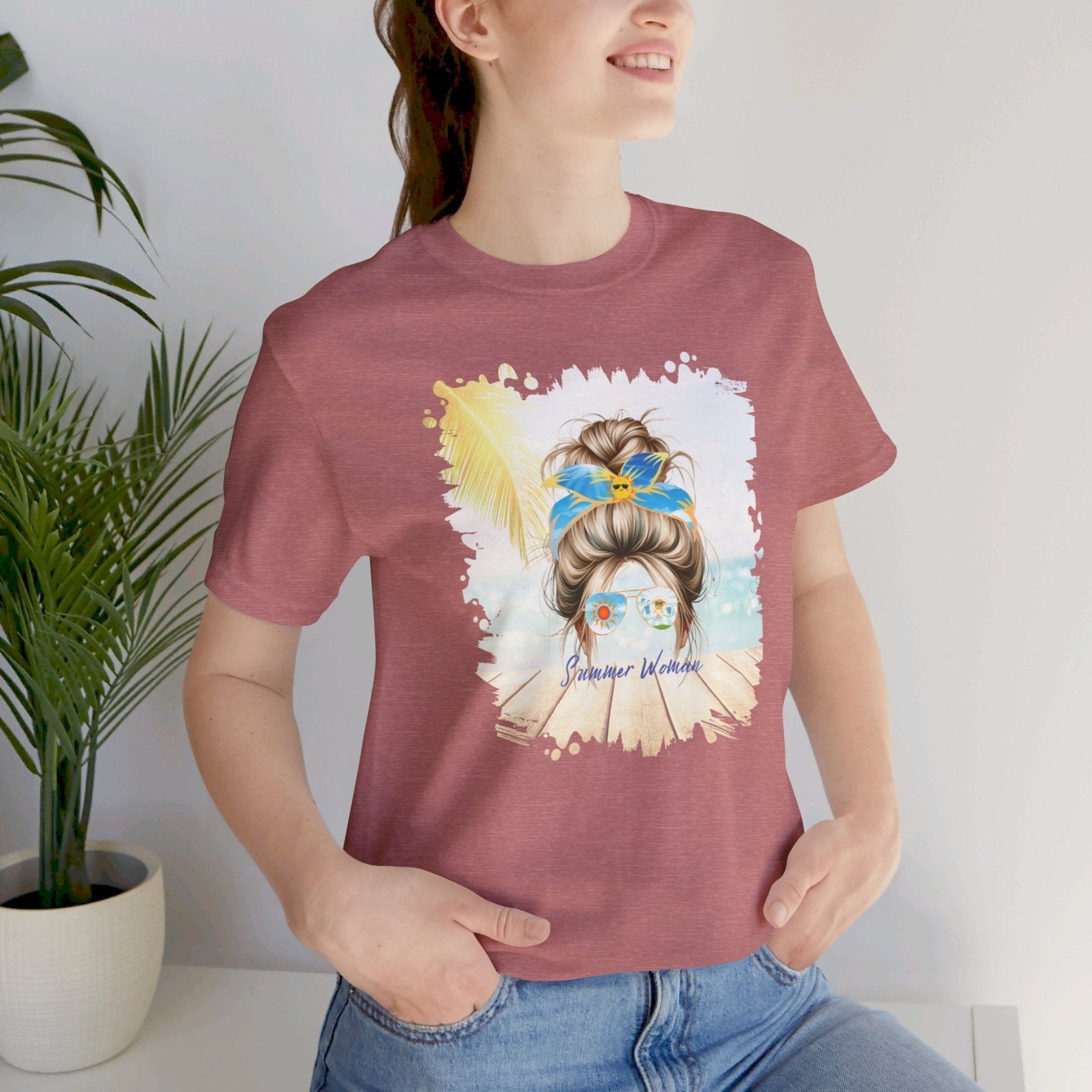 Summer Woman Sun, Blond Hair Messy Bun, Unisex Jersey Short Sleeve Tee - Janlyn's Crafts