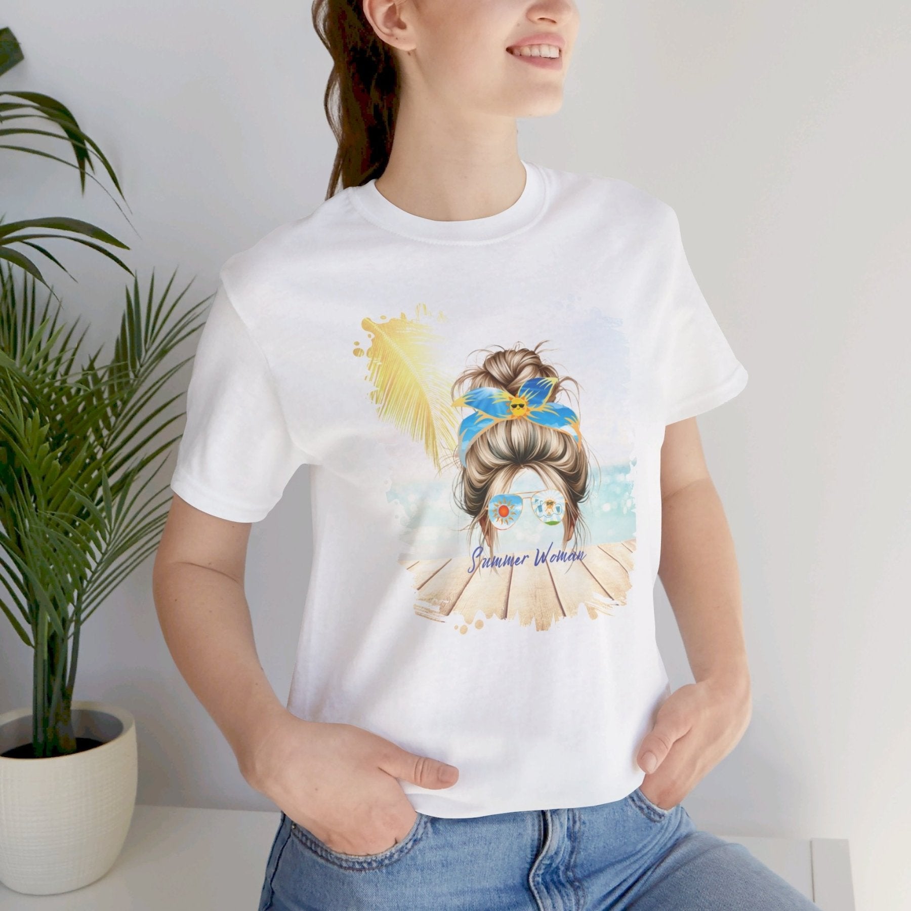 Summer Woman Sun, Blond Hair Messy Bun, Unisex Jersey Short Sleeve Tee - Janlyn's Crafts