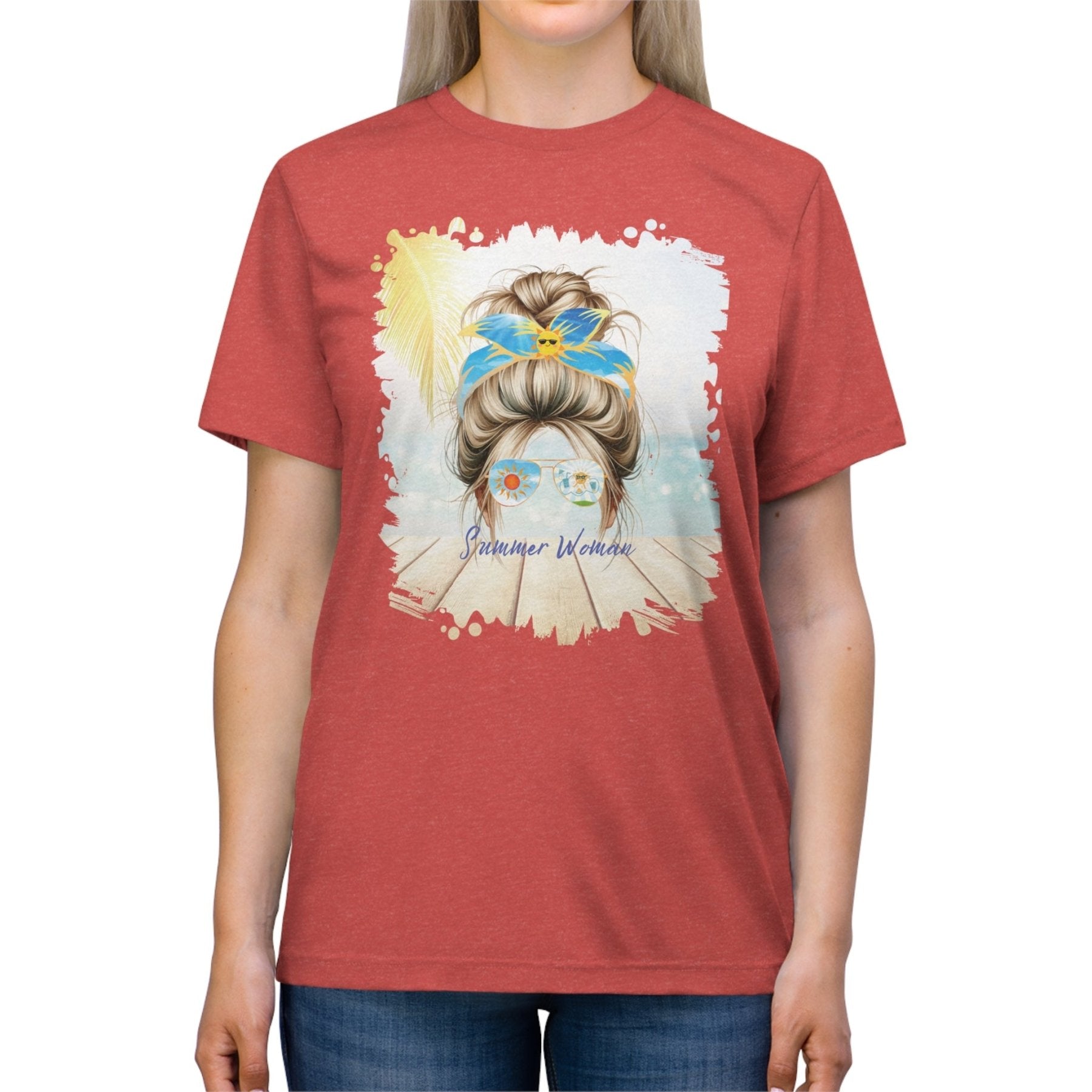 Summer Woman Sun, Blond Hair Messy Bun, Unisex Triblend T - Shirt - Janlyn's Crafts