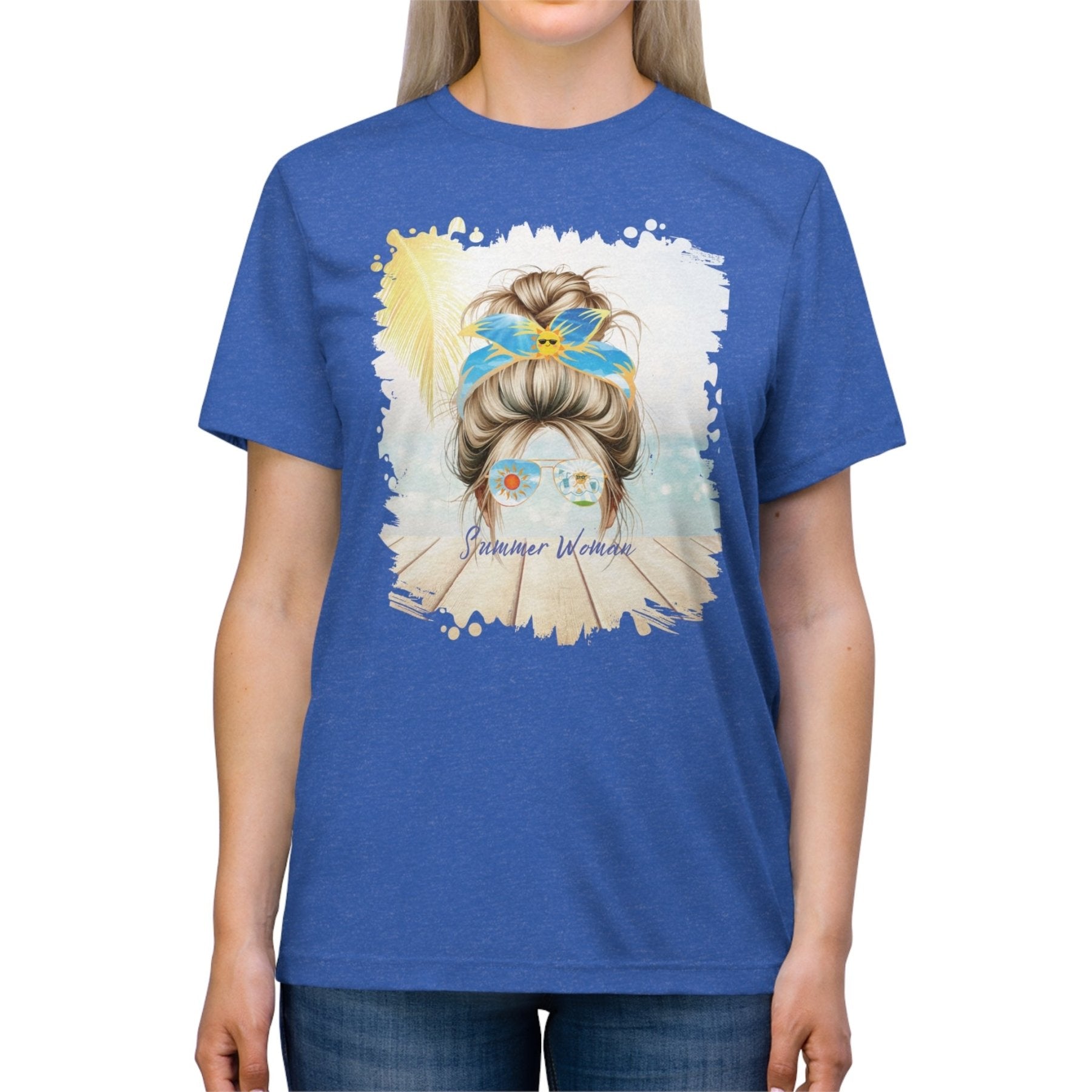 Summer Woman Sun, Blond Hair Messy Bun, Unisex Triblend T - Shirt - Janlyn's Crafts