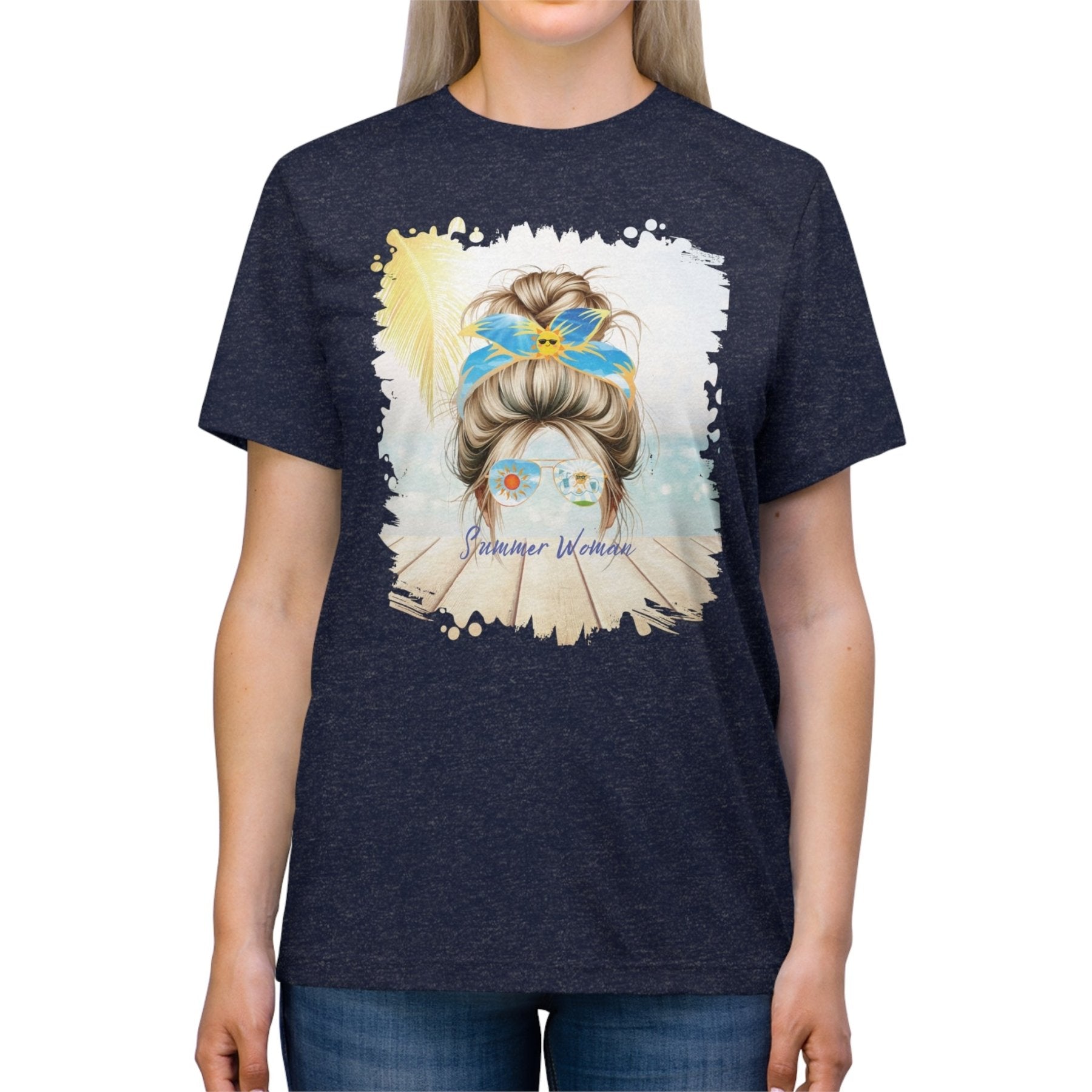 Summer Woman Sun, Blond Hair Messy Bun, Unisex Triblend T - Shirt - Janlyn's Crafts