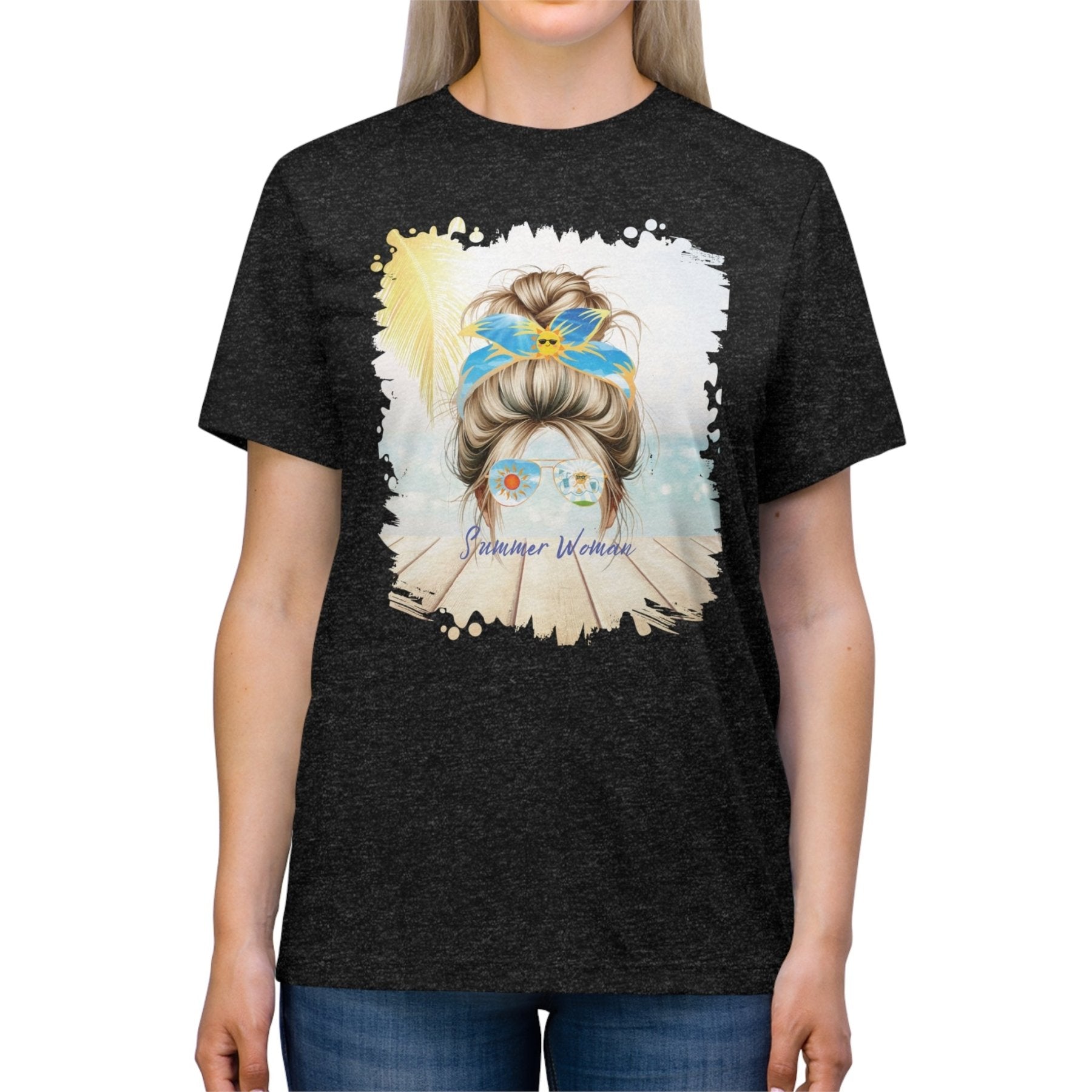 Summer Woman Sun, Blond Hair Messy Bun, Unisex Triblend T - Shirt - Janlyn's Crafts