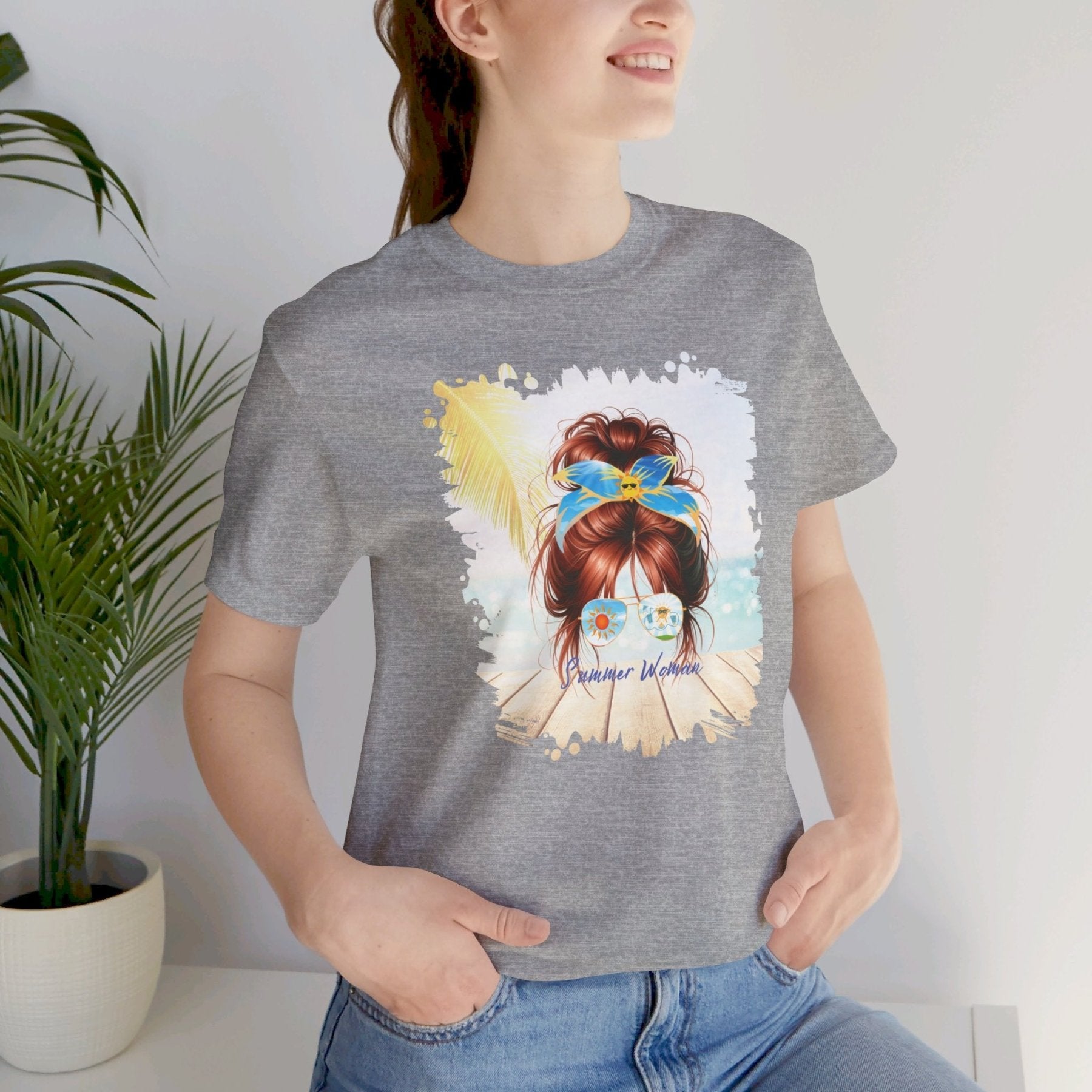 Summer Woman Sun, Red Hair Messy Bun, Unisex Jersey Short Sleeve Tee - Janlyn's Crafts