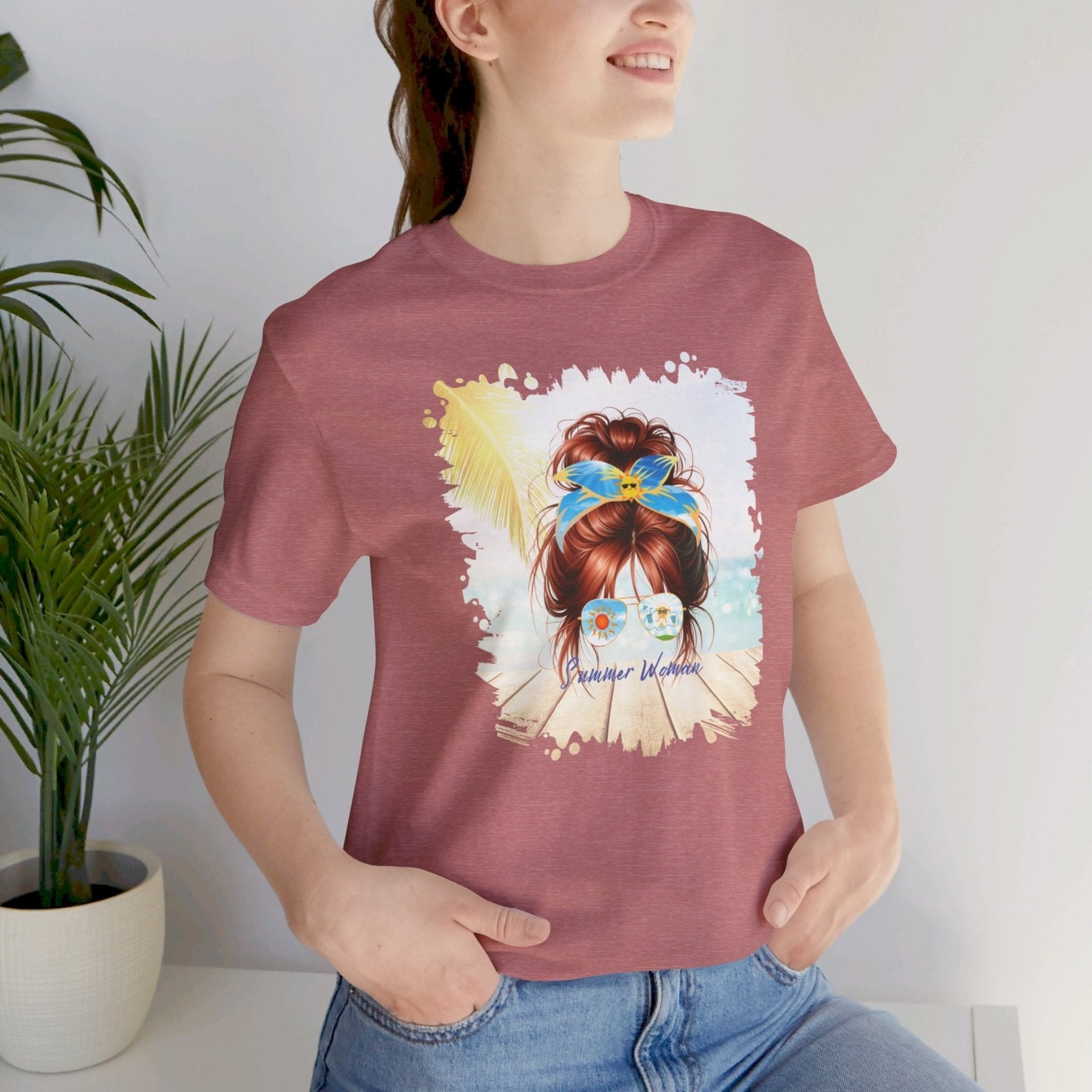 Summer Woman Sun, Red Hair Messy Bun, Unisex Jersey Short Sleeve Tee - Janlyn's Crafts