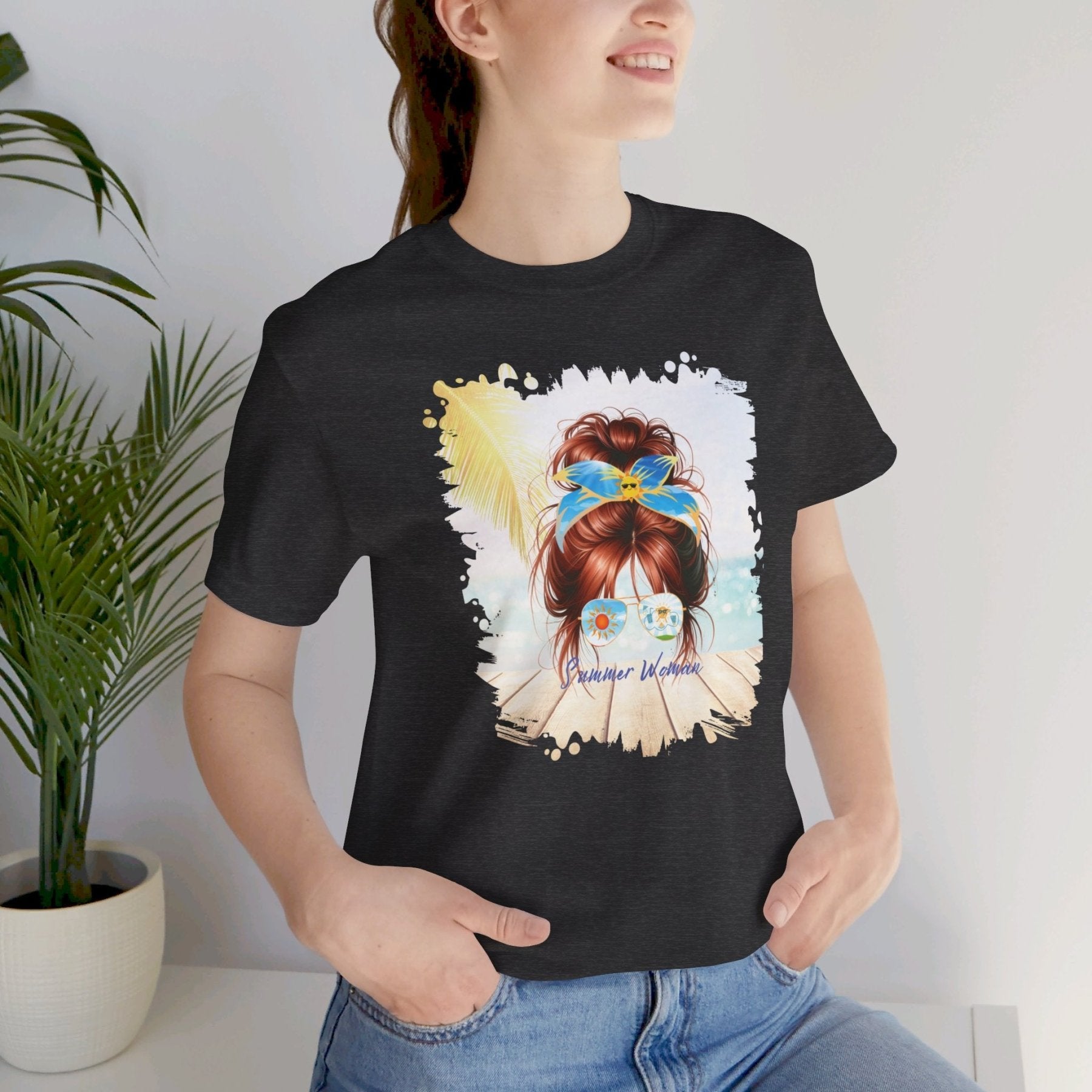 Summer Woman Sun, Red Hair Messy Bun, Unisex Jersey Short Sleeve Tee - Janlyn's Crafts