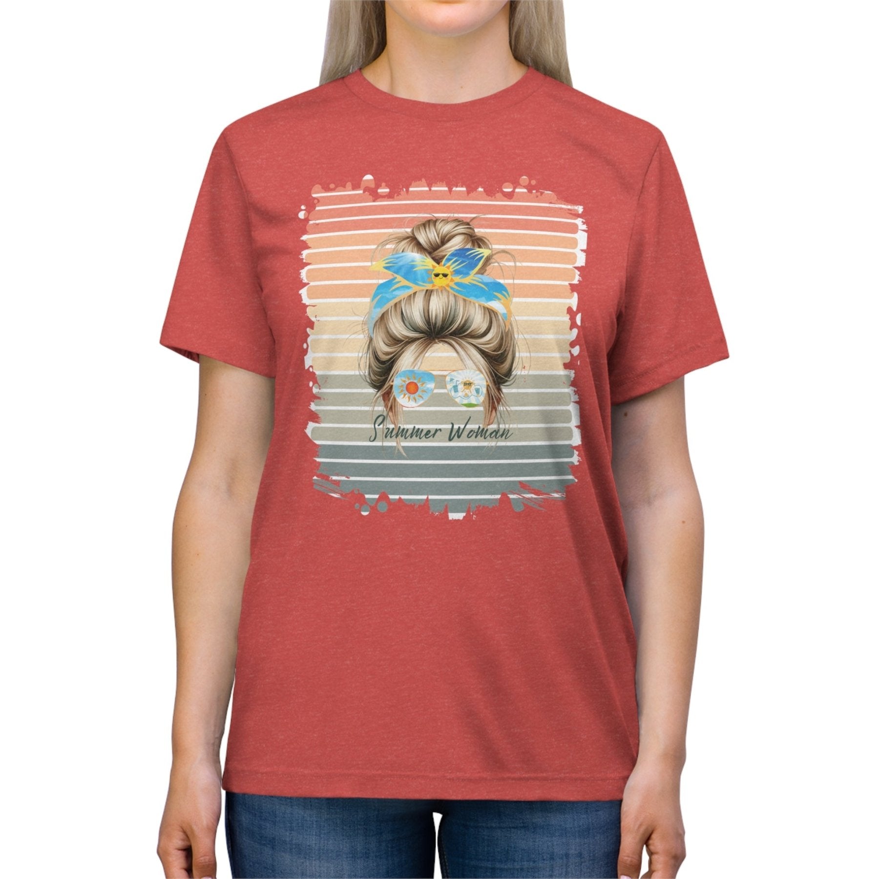 Summer Woman Sun Retro, Blond Hair Messy Bun, Unisex Triblend T - Shirt - Janlyn's Crafts