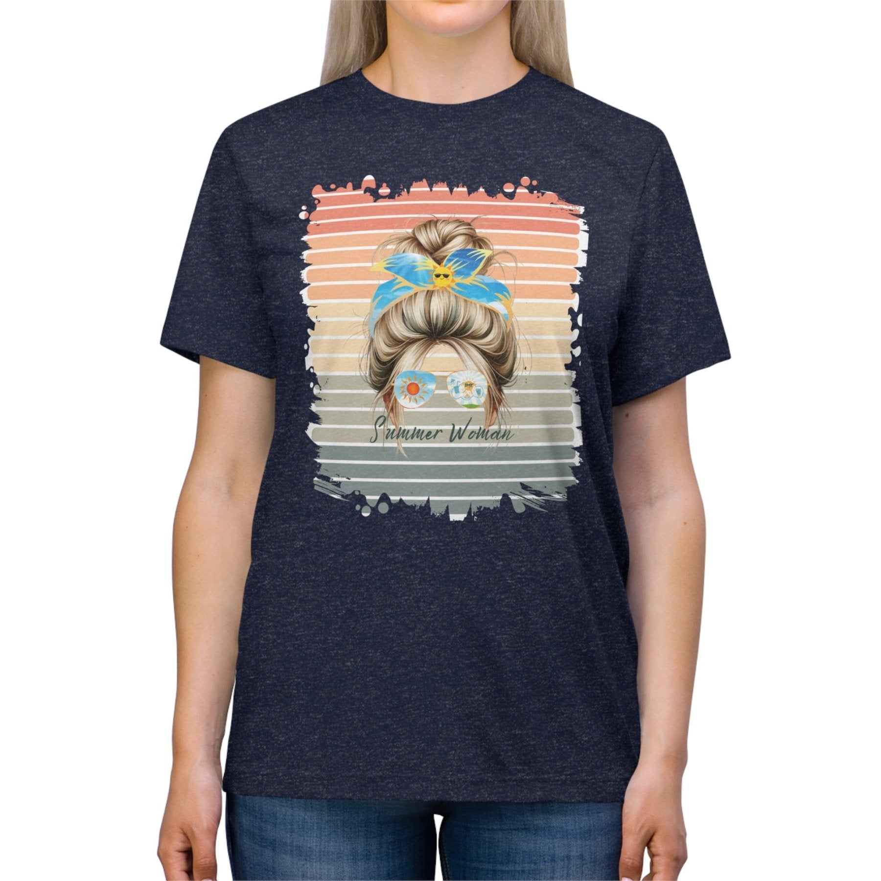 Summer Woman Sun Retro, Blond Hair Messy Bun, Unisex Triblend T - Shirt - Janlyn's Crafts