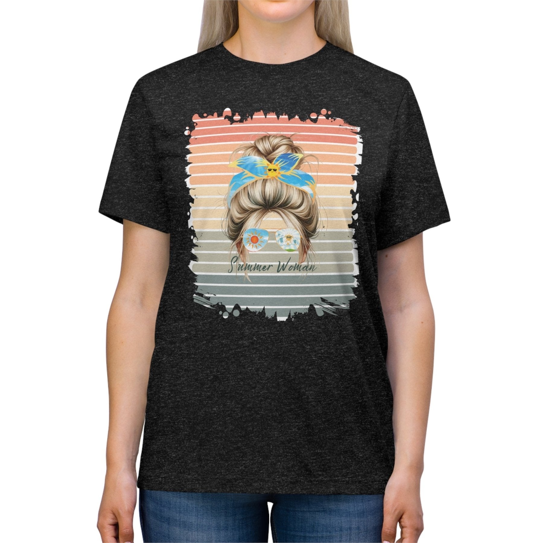 Summer Woman Sun Retro, Blond Hair Messy Bun, Unisex Triblend T - Shirt - Janlyn's Crafts