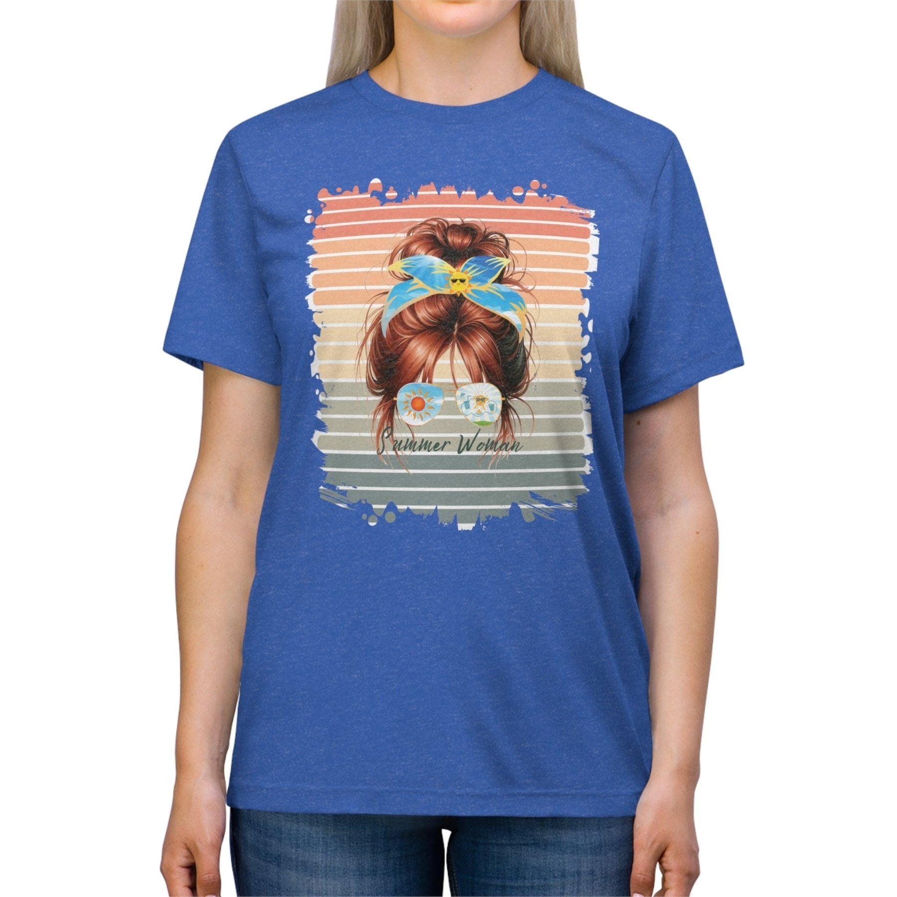 Summer Woman Sun Retro, Red Hair Messy Bun, Unisex Triblend T - Shirt - Janlyn's Crafts