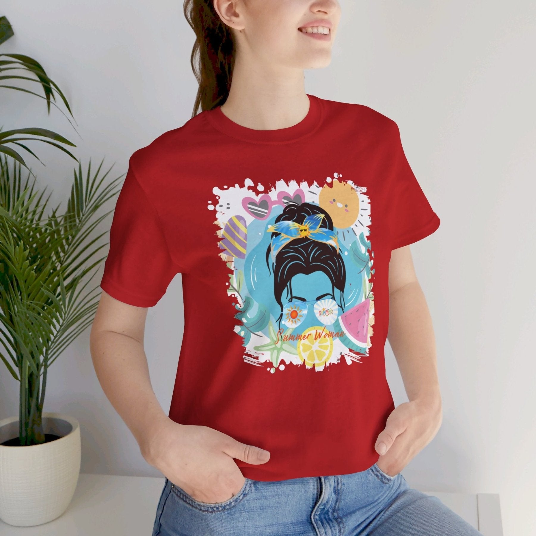 Summer Woman Whimsical Summer, Dark Hair Messy Bun, Unisex Jersey Short Sleeve Tee - Janlyn's Crafts