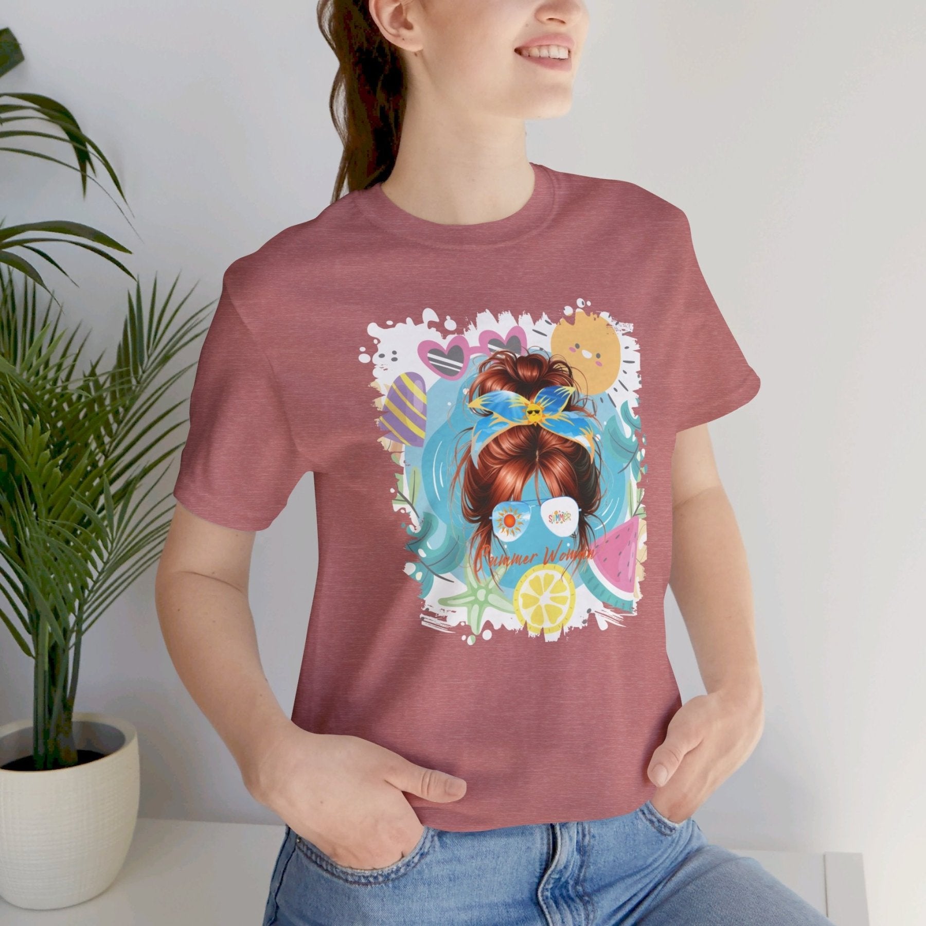 Summer Woman Whimsical Summer, Red Hair Messy Bun, Unisex Jersey Short Sleeve Tee - Janlyn's Crafts