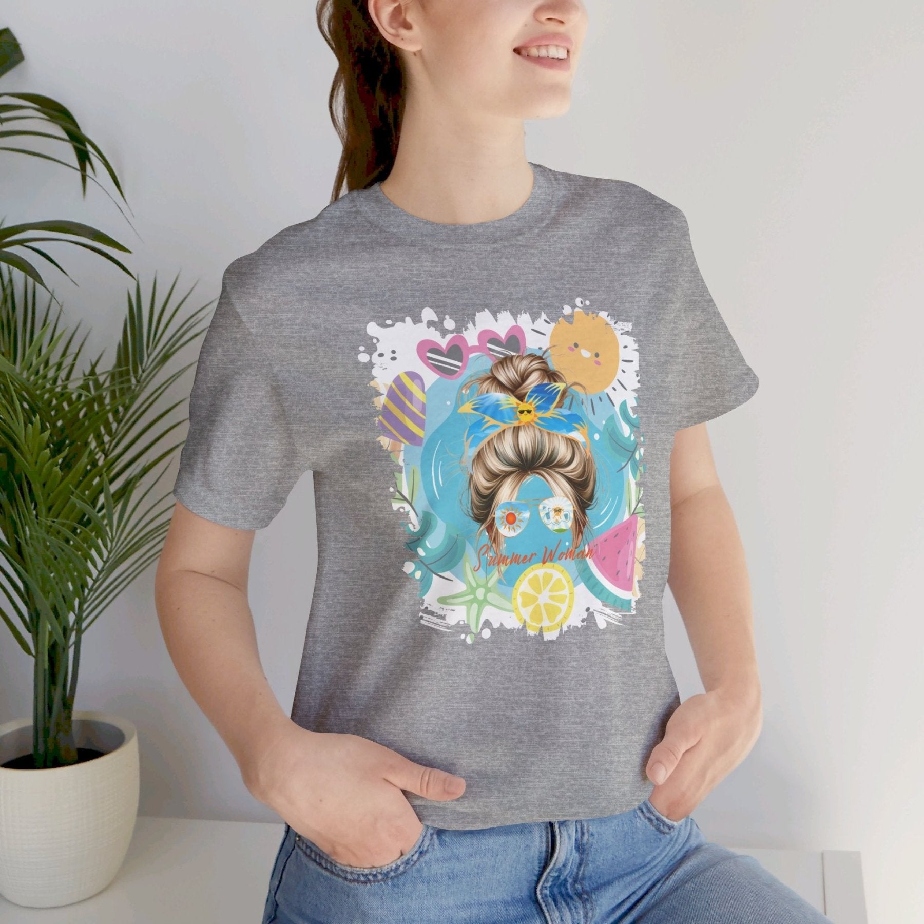 Summer Woman Whimsical Sun, Blond Hair Messy Bun, Unisex Jersey Short Sleeve Tee - Janlyn's Crafts