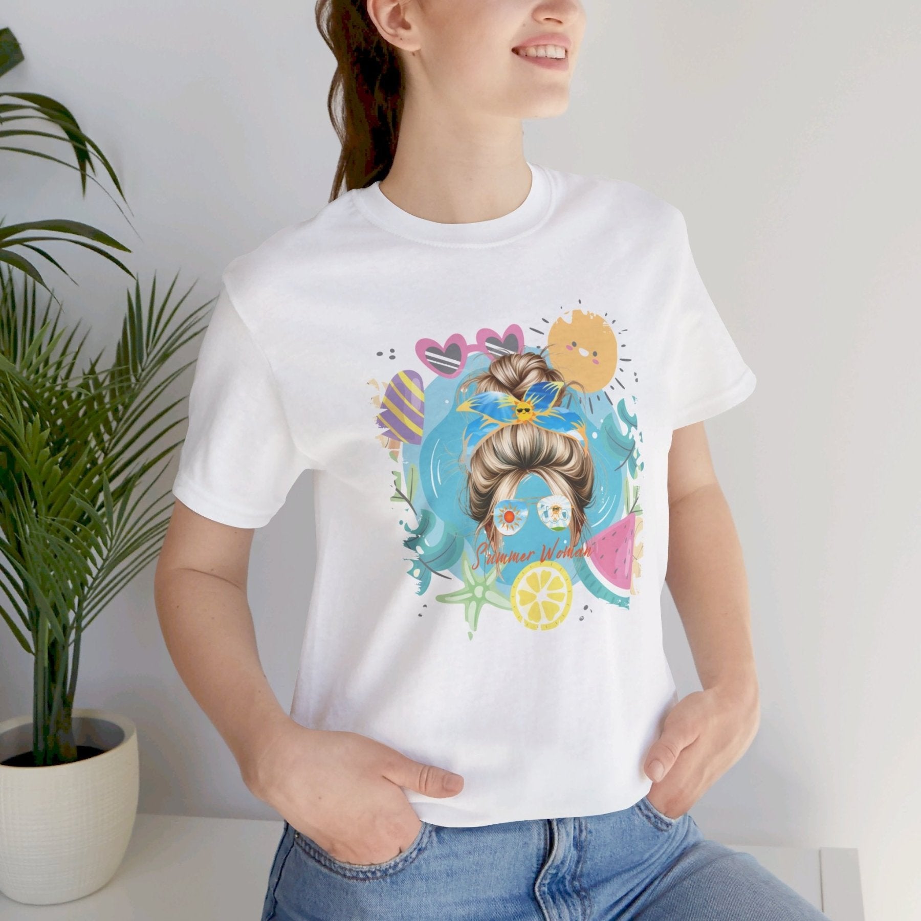 Summer Woman Whimsical Sun, Blond Hair Messy Bun, Unisex Jersey Short Sleeve Tee - Janlyn's Crafts