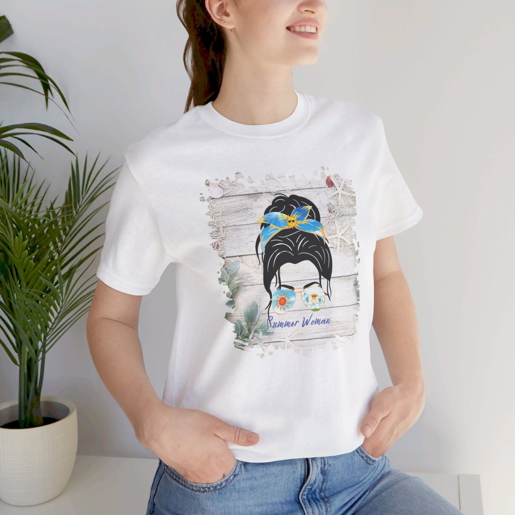 Summer Woman Whiteboard Sun, Dark Hair Messy Bun, Unisex Jersey Short Sleeve Tee - Janlyn's Crafts