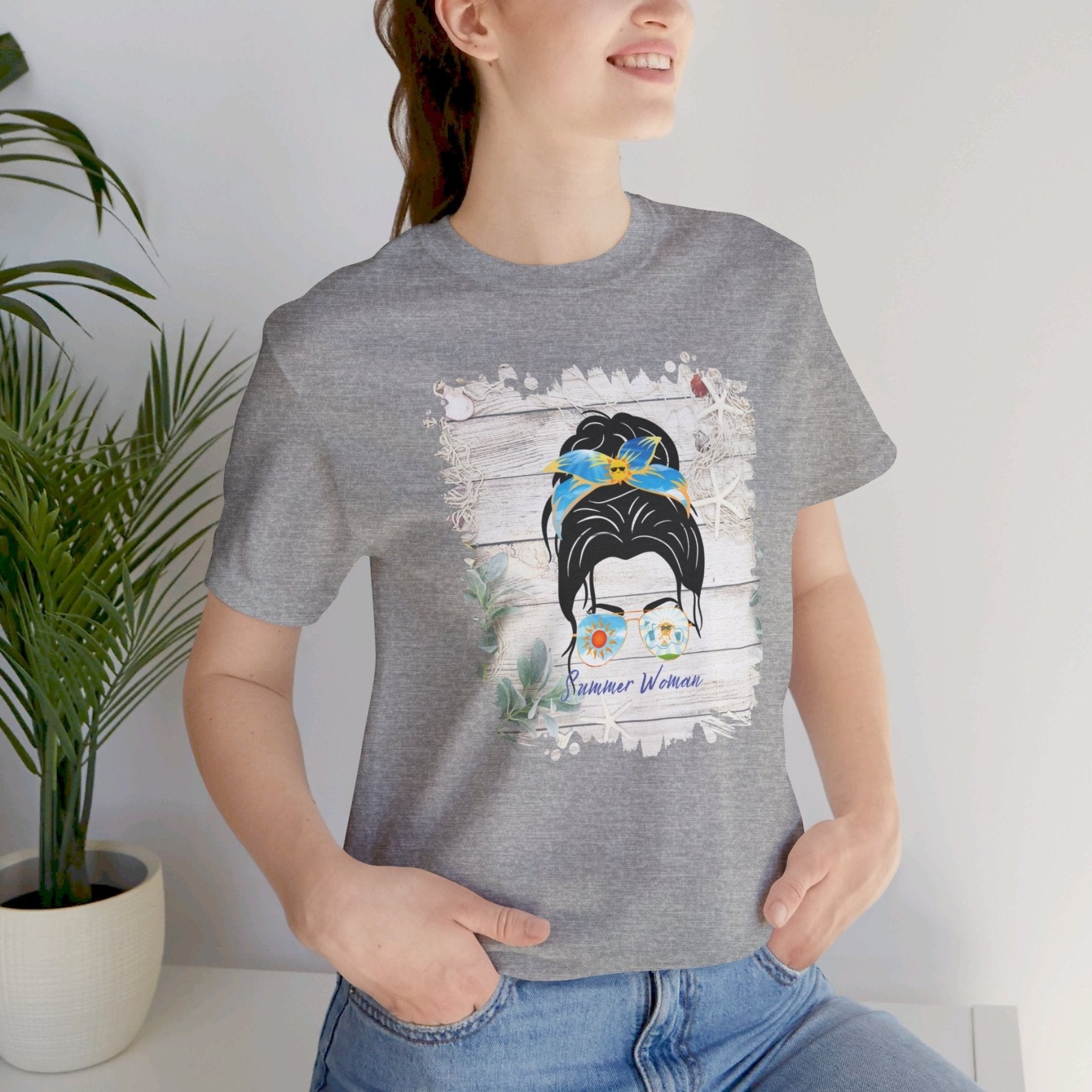 Summer Woman Whiteboard Sun, Dark Hair Messy Bun, Unisex Jersey Short Sleeve Tee - Janlyn's Crafts