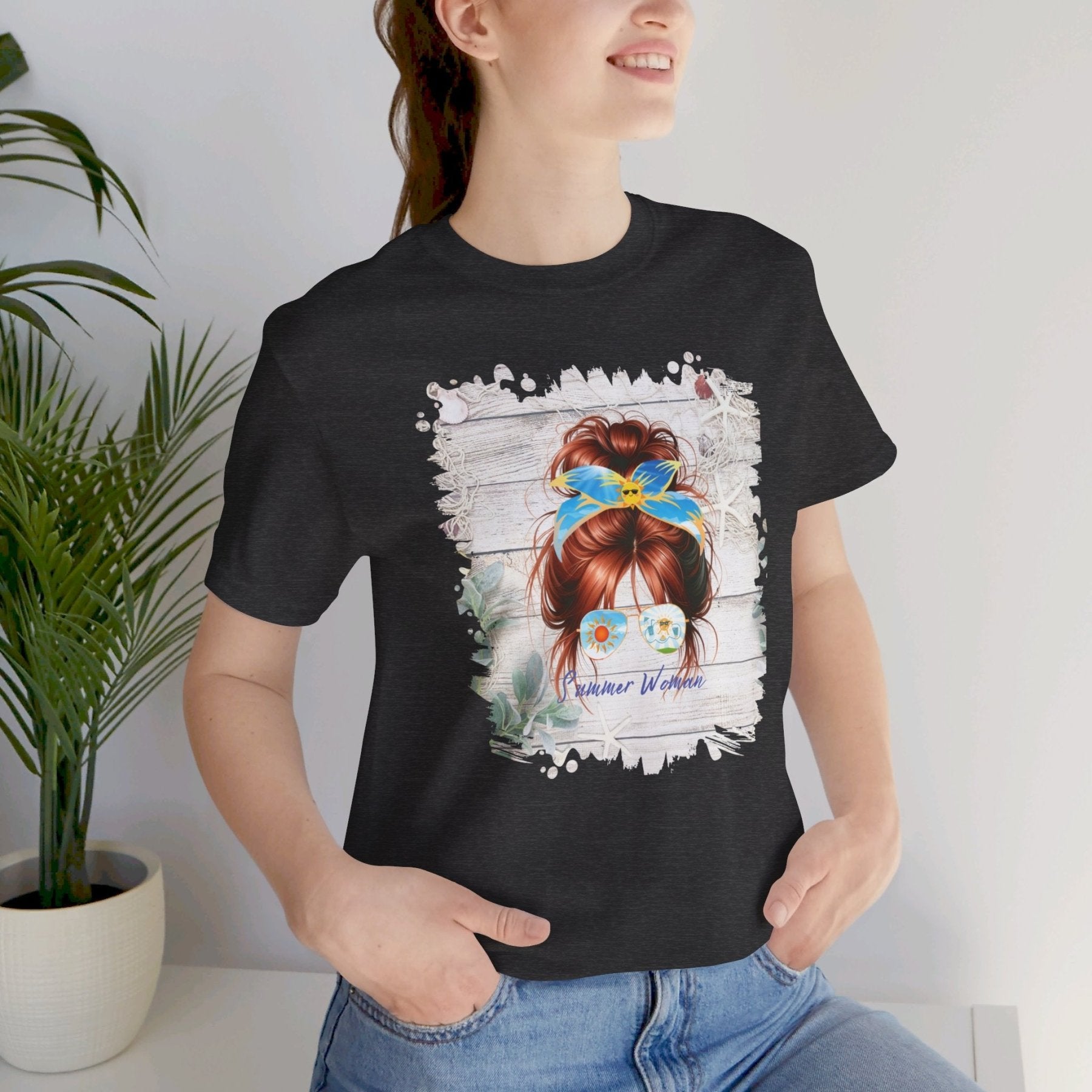 Summer Woman Whiteboard Sun, Red Hair Messy Bun, Unisex Jersey Short Sleeve Tee - Janlyn's Crafts