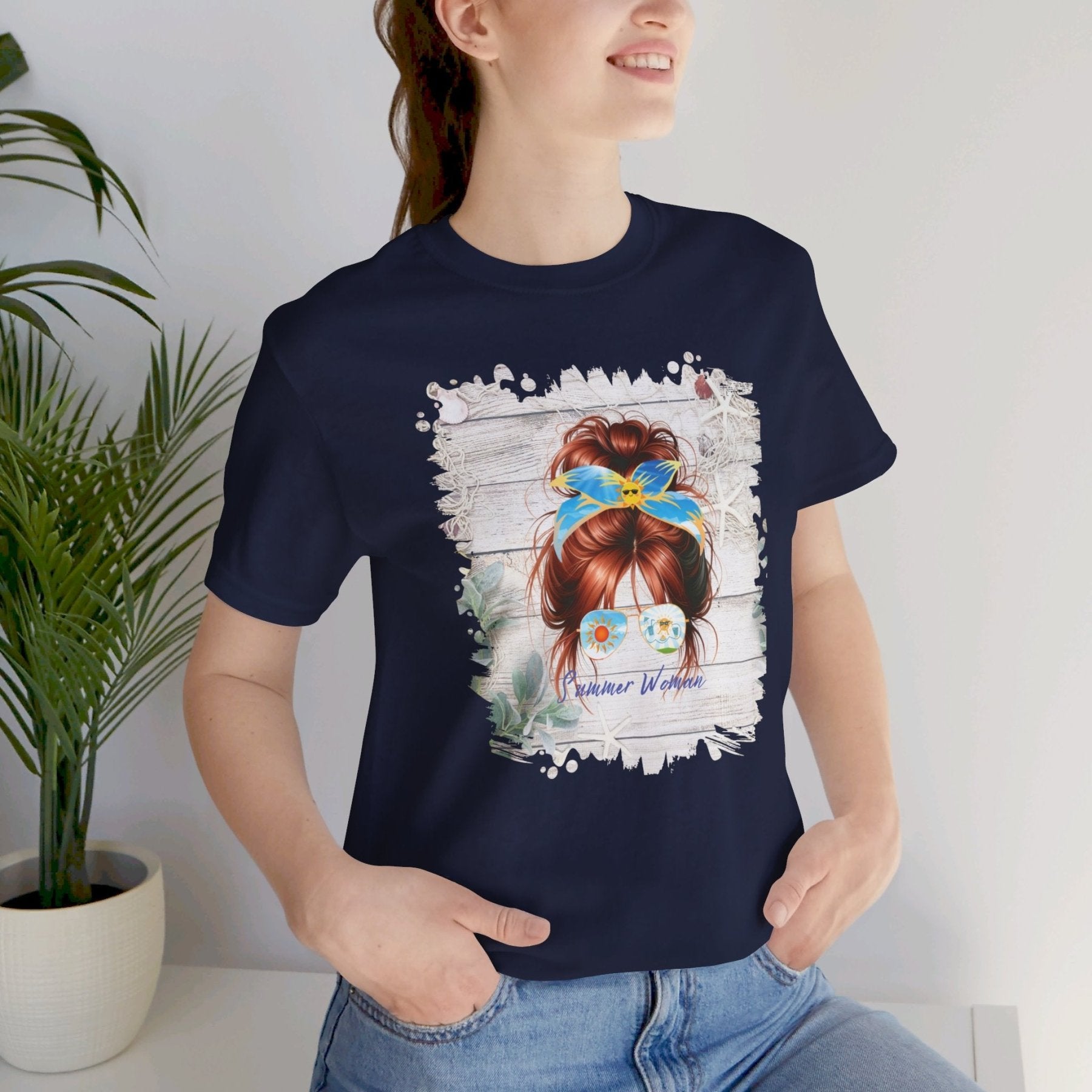 Summer Woman Whiteboard Sun, Red Hair Messy Bun, Unisex Jersey Short Sleeve Tee - Janlyn's Crafts