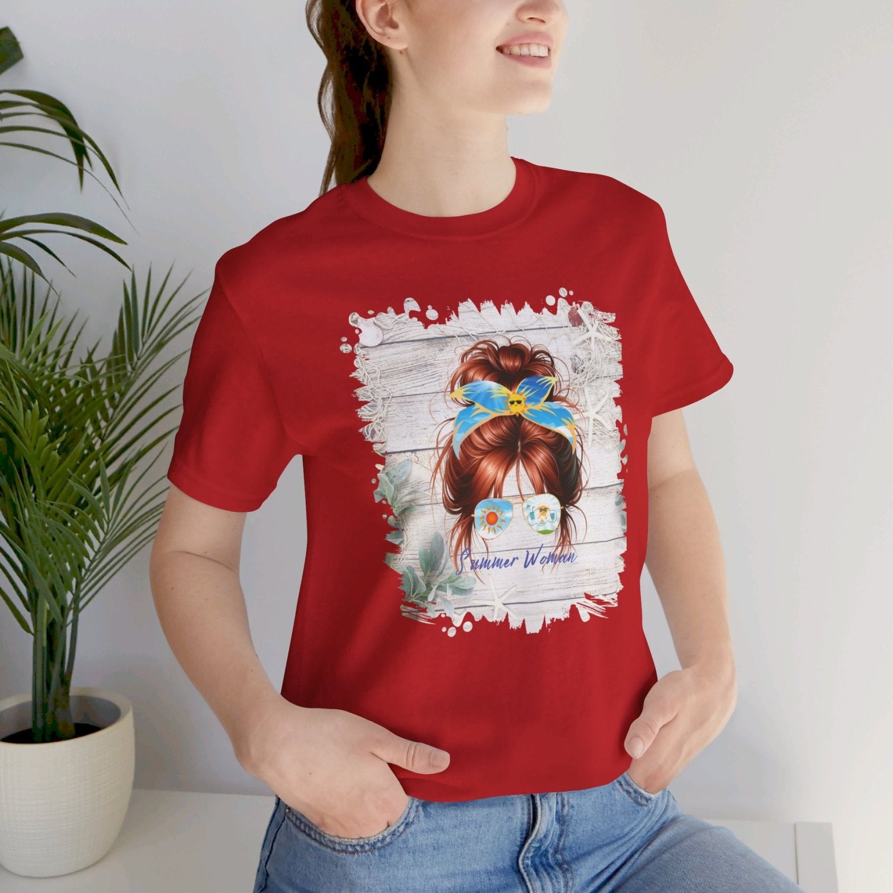 Summer Woman Whiteboard Sun, Red Hair Messy Bun, Unisex Jersey Short Sleeve Tee - Janlyn's Crafts