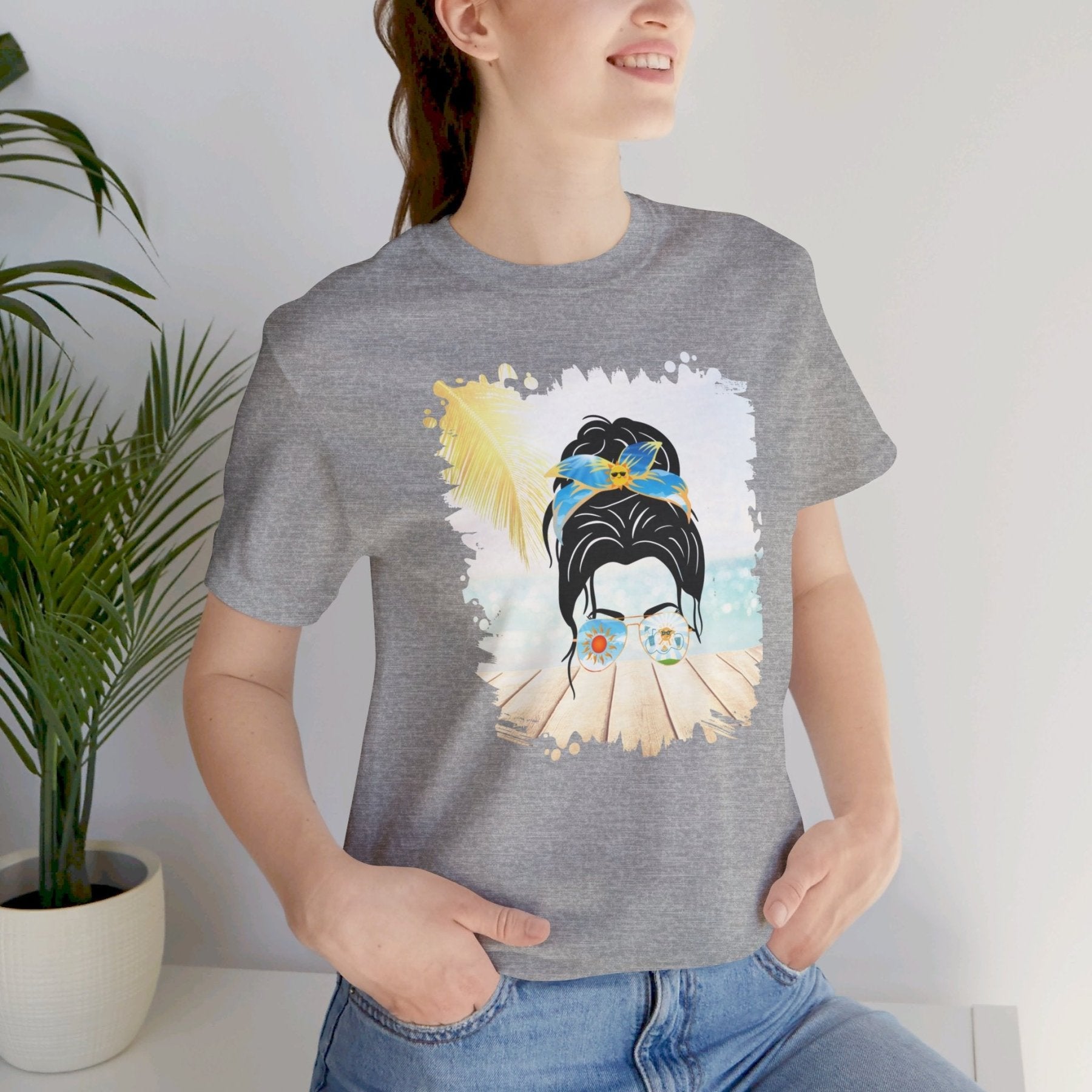 Sun, Dark Hair Messy Bun, Unisex Jersey Short Sleeve Tee - Janlyn's Crafts